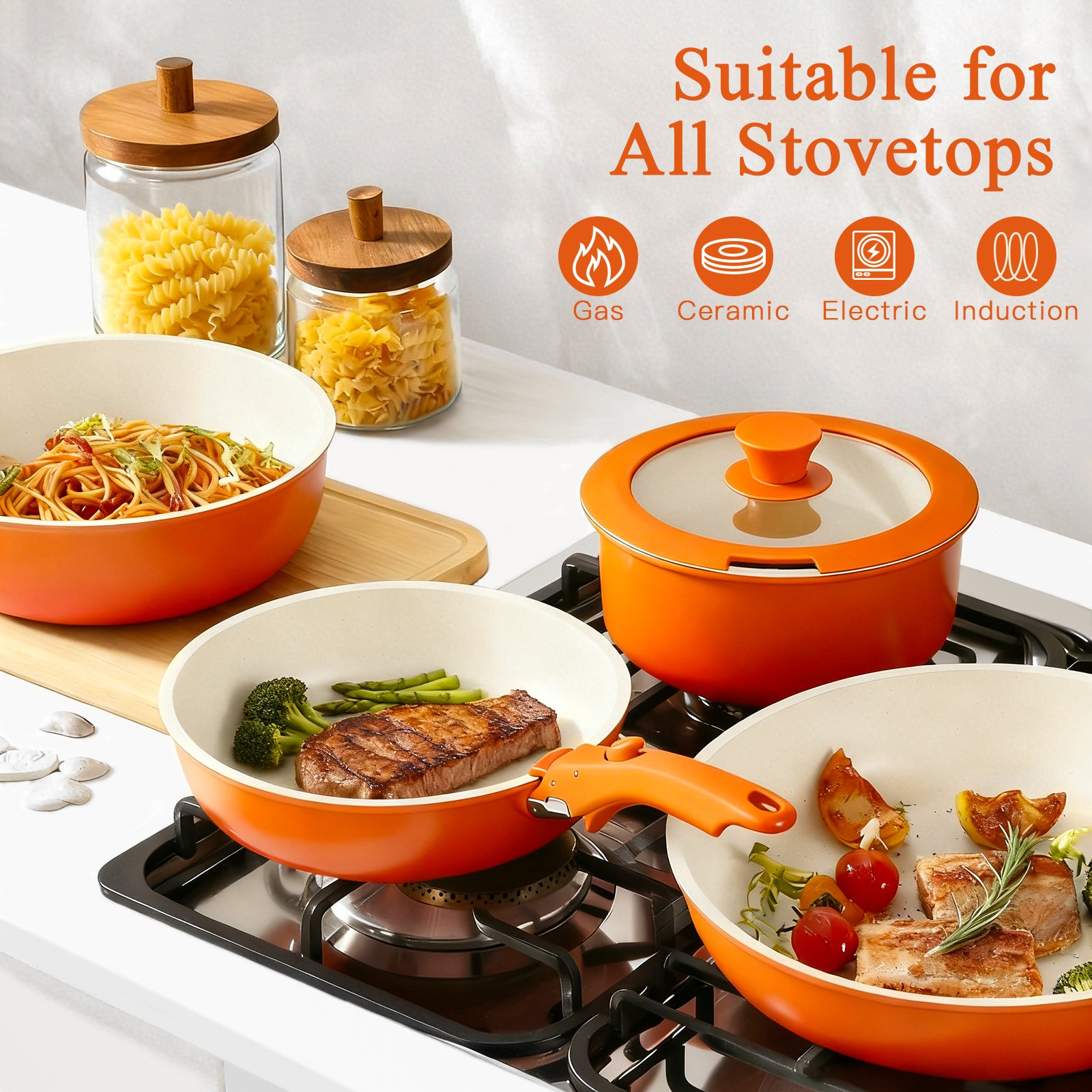 GIPP 5pcs Ceramic Pots and Pans Set Non Stick,Cookware Sets with Removable Handle, Oven & Dishwasher Safe,Induction Cookware,Kitchen Cooking set