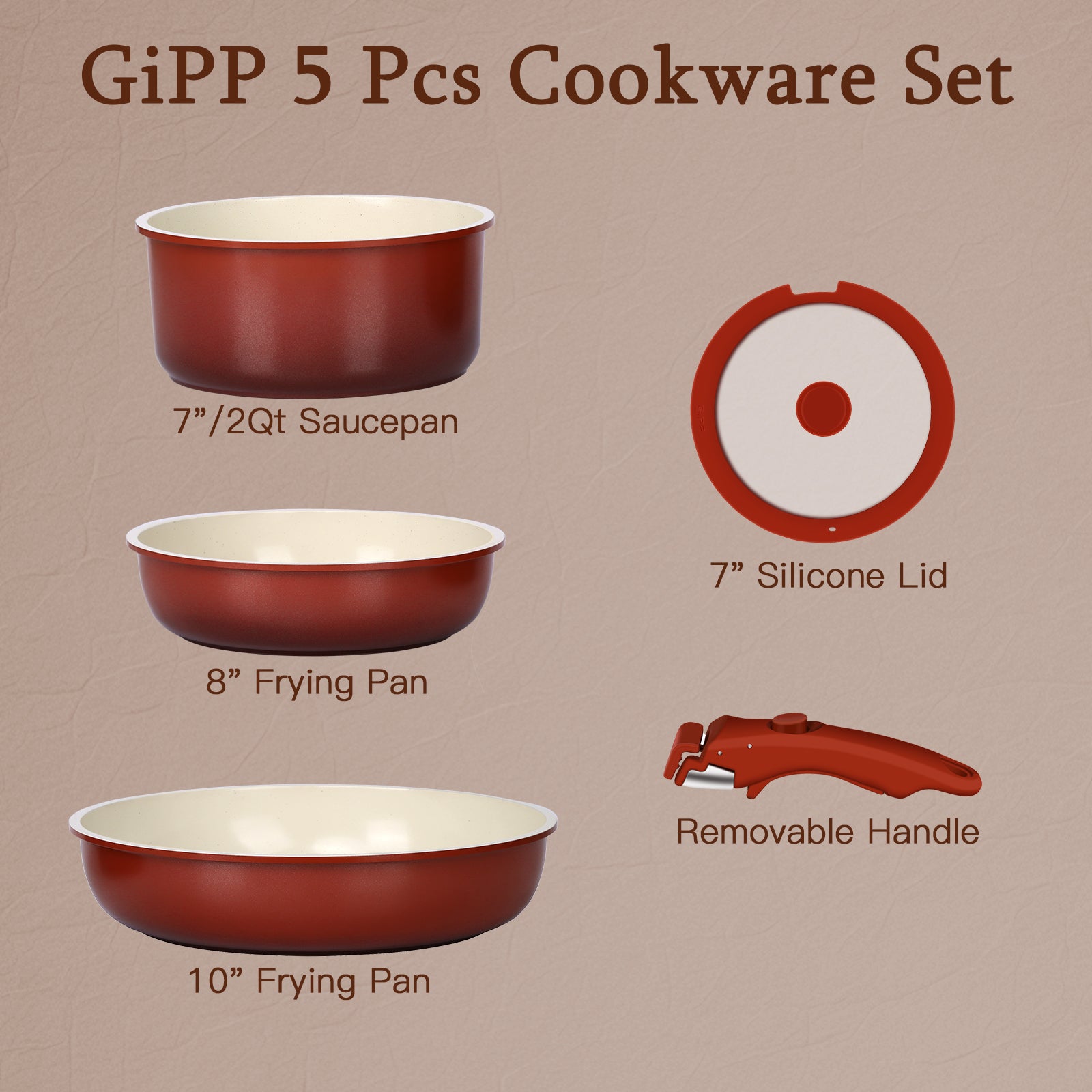 GIPP 5pcs Ceramic Pots and Pans Set Non Stick,Cookware Sets with Removable Handle, Oven & Dishwasher Safe,Induction Cookware,Kitchen Cooking set