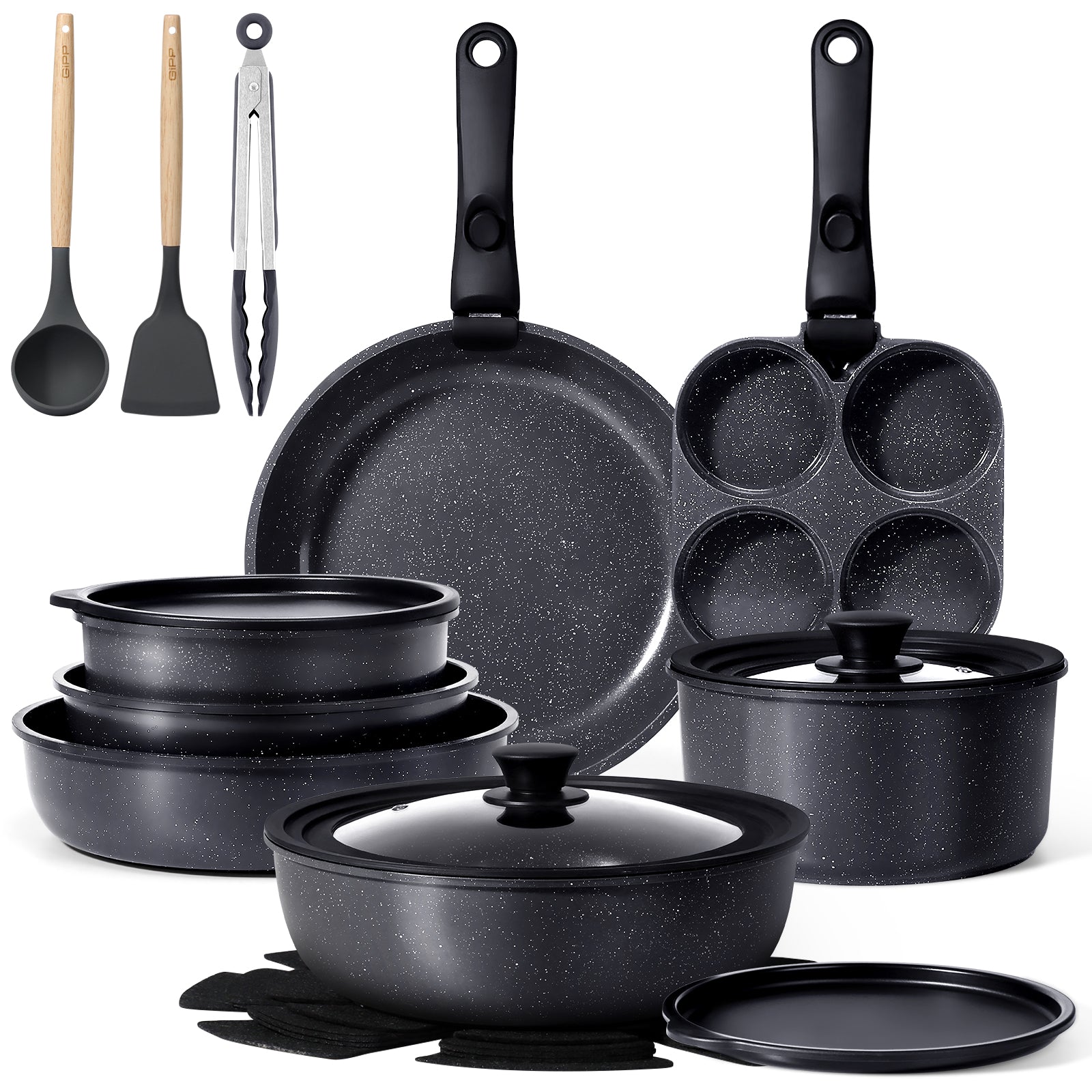 GIPP 21 Piece Ceramic Pots and Pans Set Non Stick, Cookware Set with Detachable Handles, Safe for Ovens and Dishwashers,Induction Cookers RV Kitchen