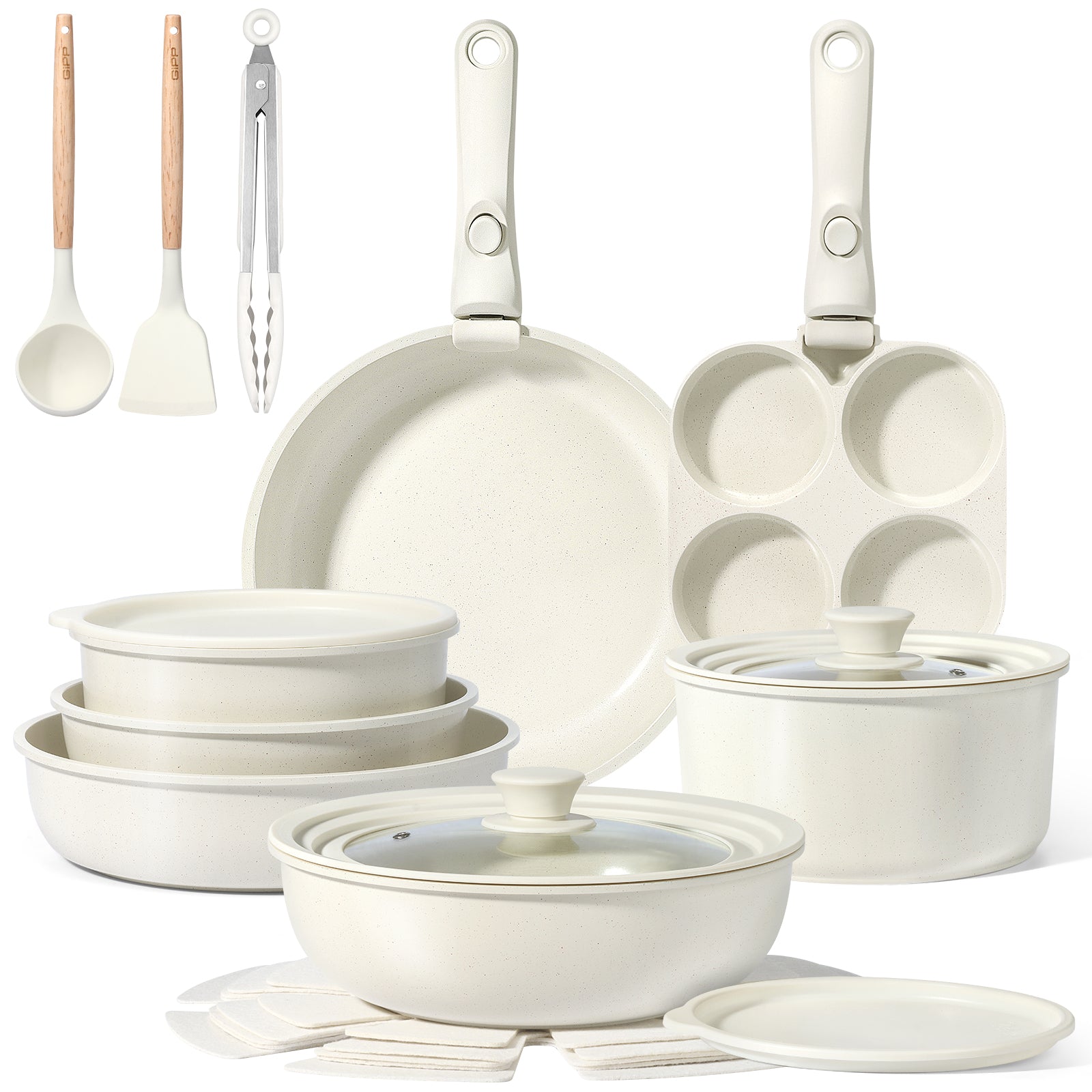 GIPP 21 Piece Ceramic Pots and Pans Set Non Stick, Cookware Set with Detachable Handles, Safe for Ovens and Dishwashers,Induction Cookers RV Kitchen