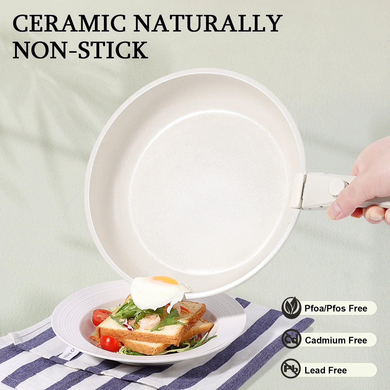 GIPP 3pcs Ceramic Non Stick Frying Pans Set,Skillet Non Stick With Removable Handle Oven & Dishwasher Safe,Induction Cookware