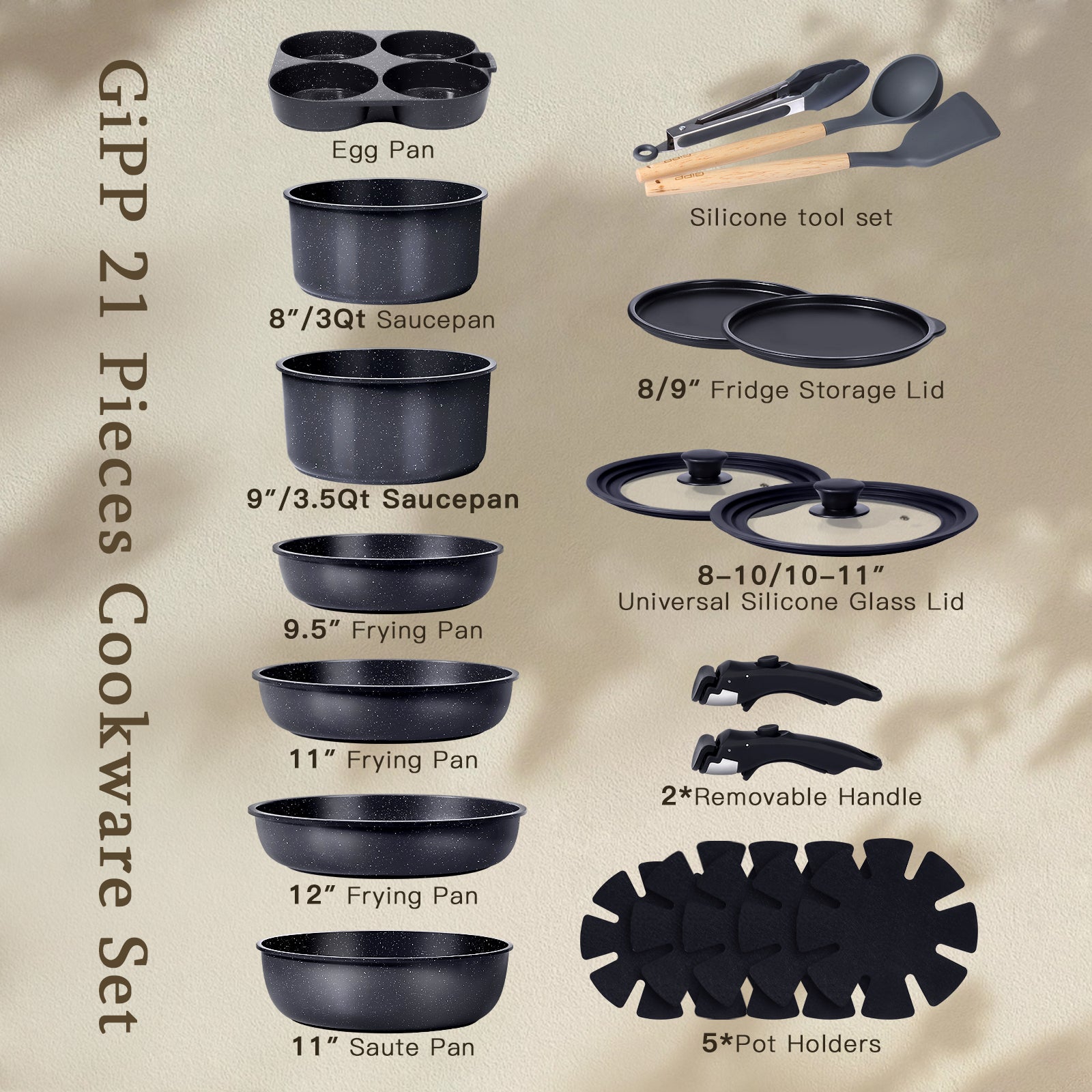 GIPP Large Size 21 Piece Pots and Pans Set Non Stick,with 12 inch Frying Pan,Cookware Set with Detachable Handles, Safe for Ovens and Dishwashers,Induction Cookers RV Kitchen