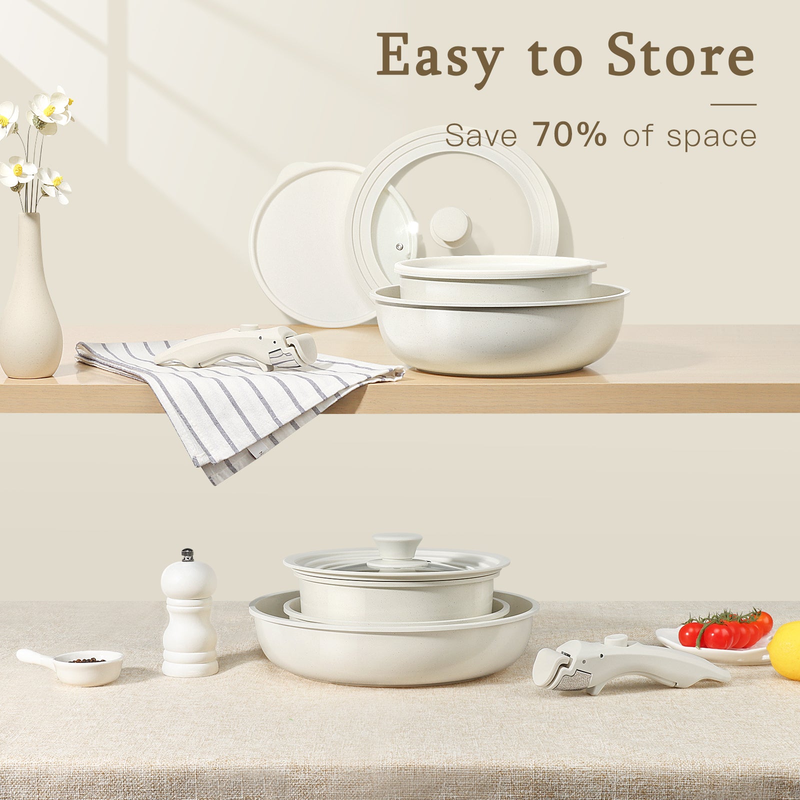 GIPP 21 Piece Ceramic Pots and Pans Set Non Stick, Cookware Set with Detachable Handles, Safe for Ovens and Dishwashers,Induction Cookers RV Kitchen