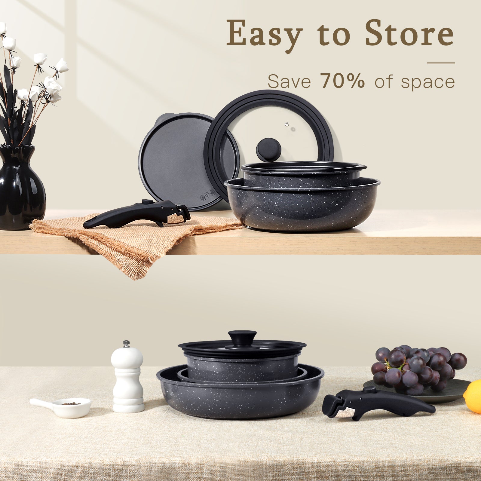 GIPP Large Size 21 Piece Pots and Pans Set Non Stick,with 12 inch Frying Pan,Cookware Set with Detachable Handles, Safe for Ovens and Dishwashers,Induction Cookers RV Kitchen