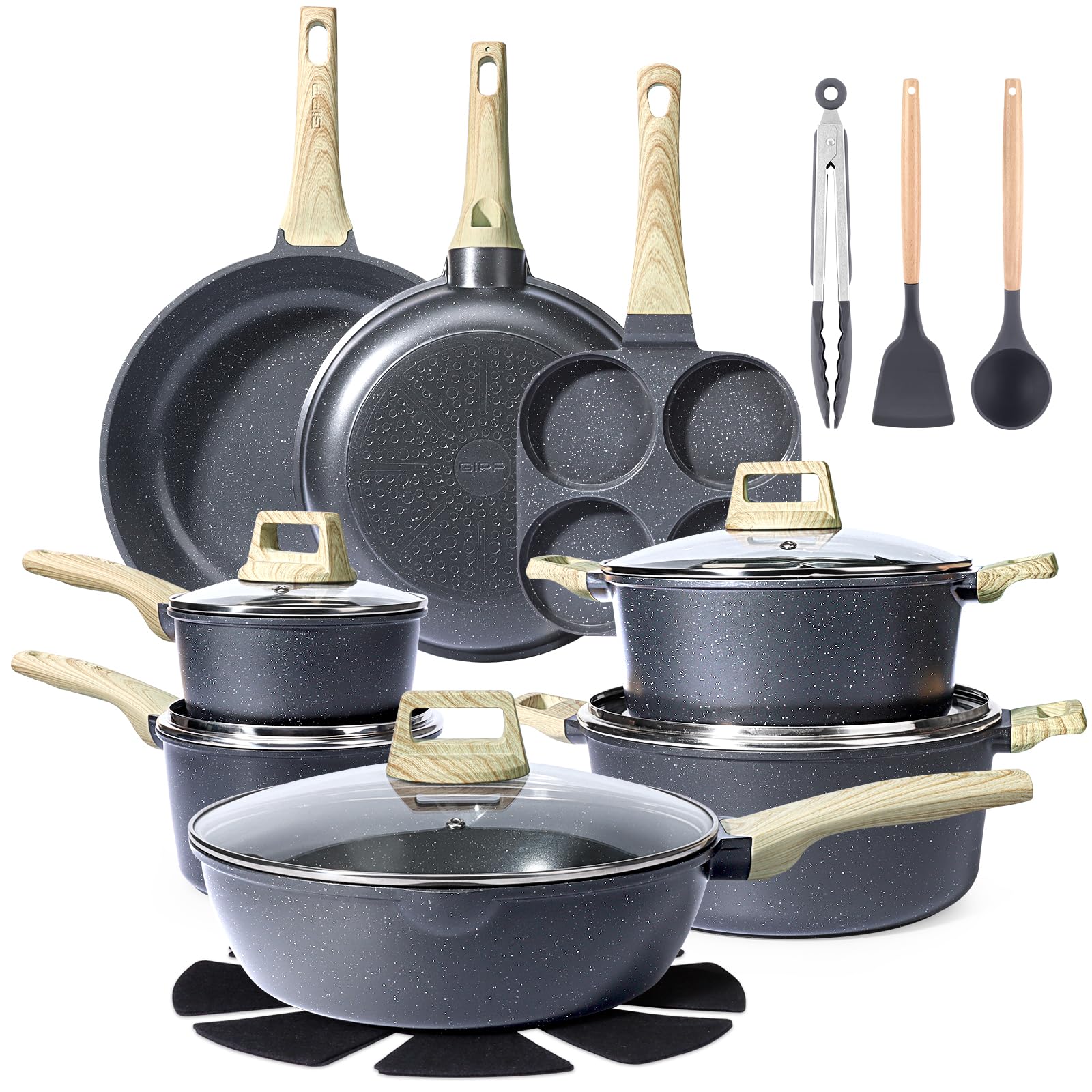 GiPP 21Pcs Nonstick Pots and Pans Set, Grey Granite, PFOS-Free