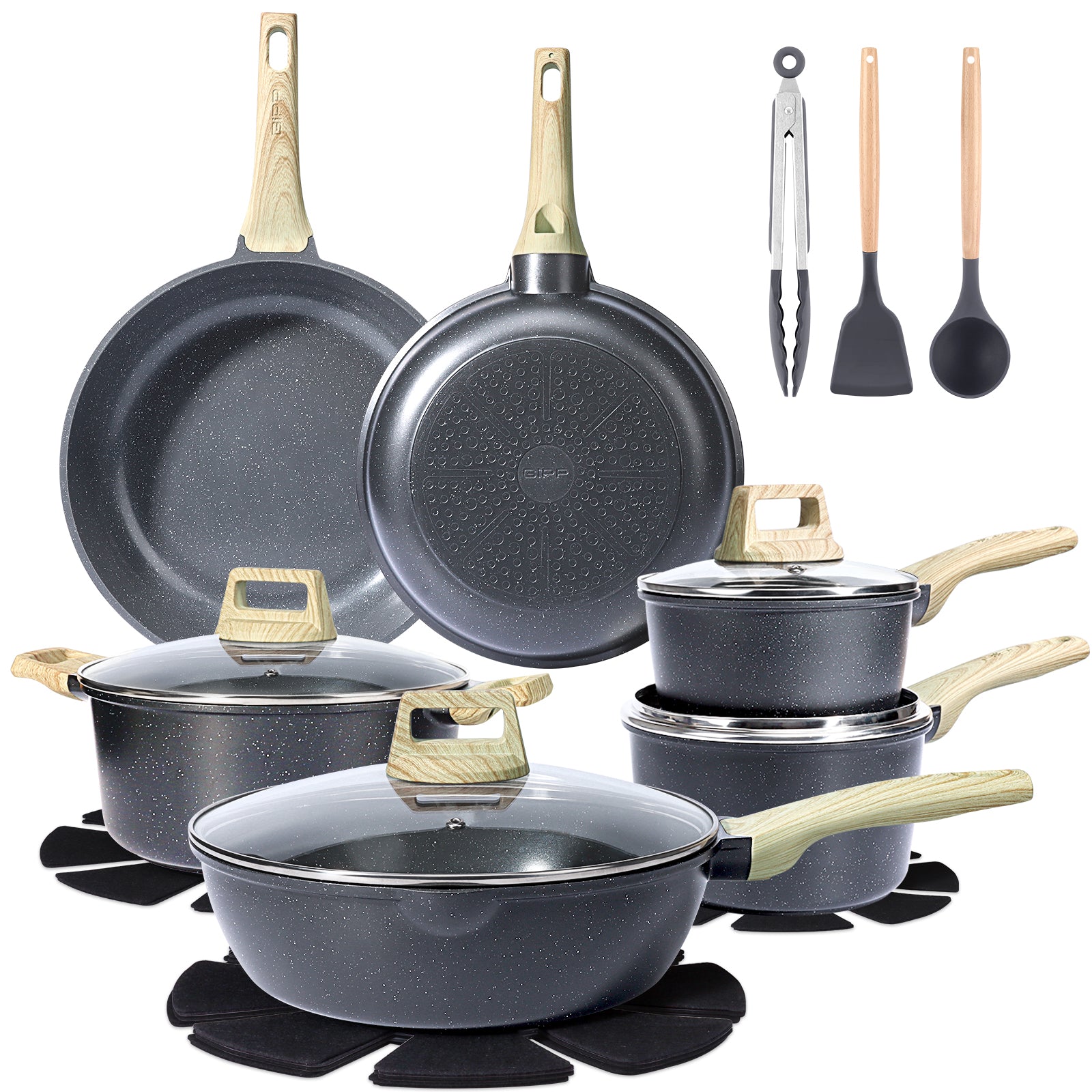 GIPP 18 Piece Kitchen Ceramic Cookware Sets,Pots and Pans Set Non stick ,Dishwasher Safe Induction Compatible, Kitchen Cooking Set