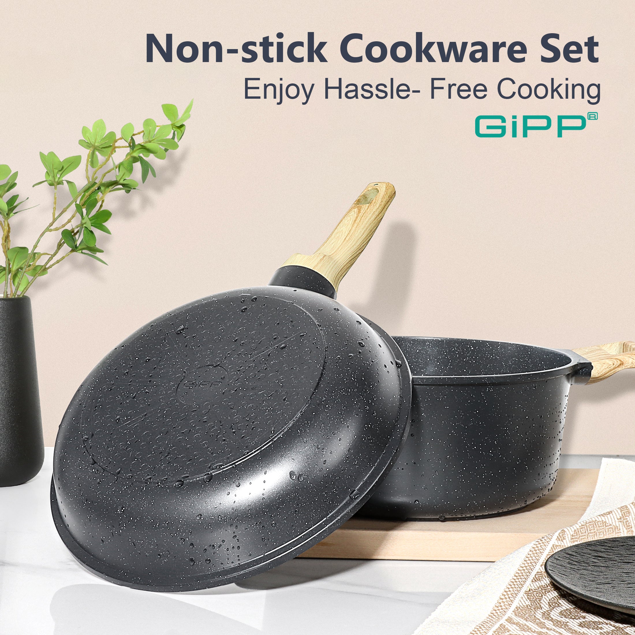 GIPP 17 Piece Kitchen Ceramic Cookware Sets,Pots and Pans Set Non stick ,Dishwasher Safe Induction Cookware, Kitchen Cooking Set for RV Trips