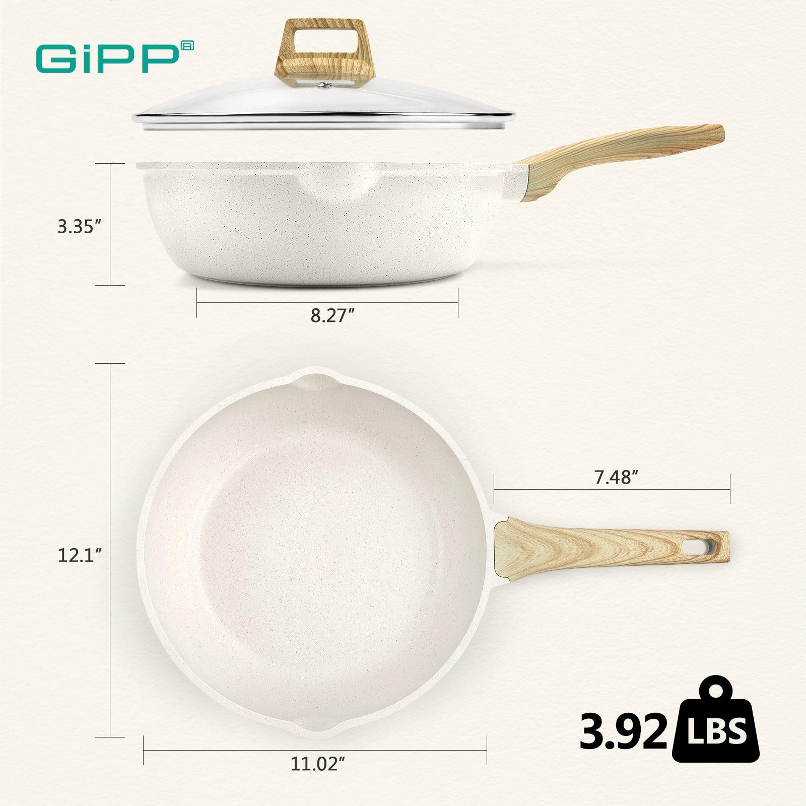 GiPP Nonstick Deep Frying Pan - 11 Inch Saute Pan with Lid Granite Induction Cookware, 4.5Qt Non Stick Working Pan Skillet, PFOA PFOS APEO Free, White - GiPP Kitchenware