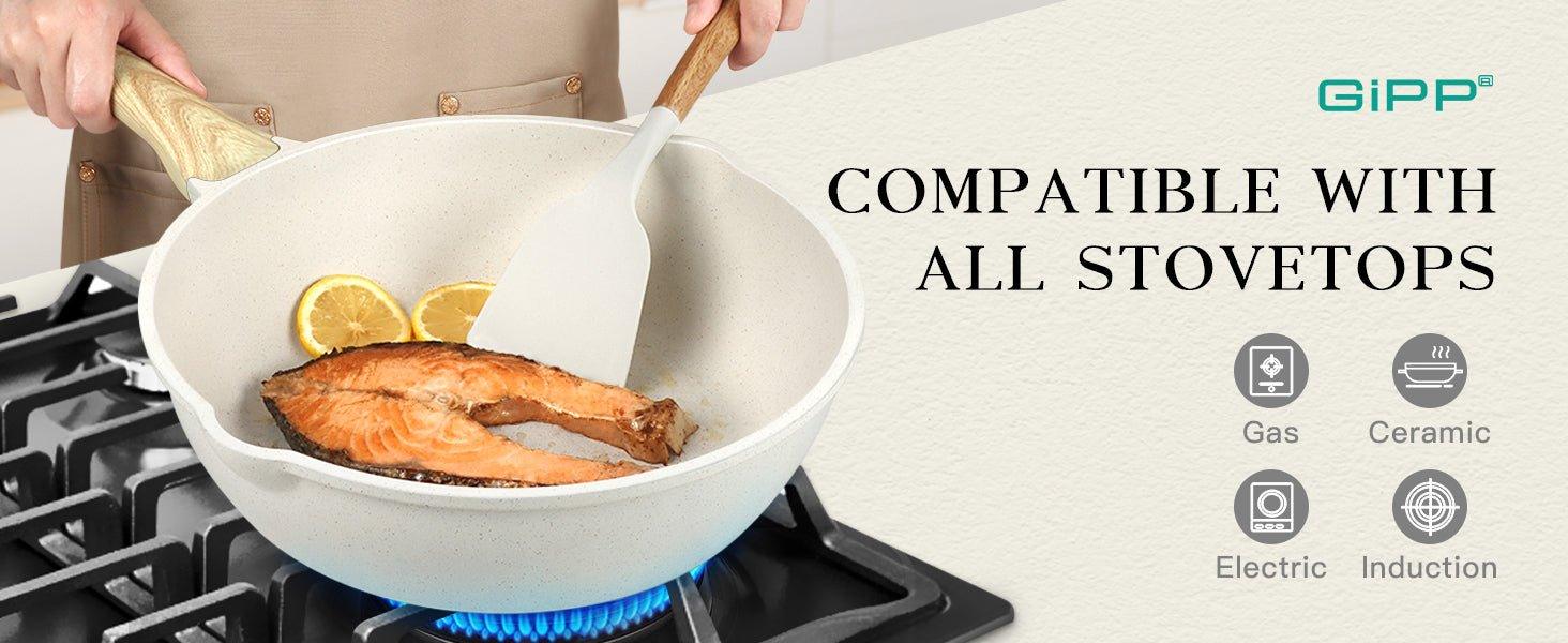 GiPP Nonstick Deep Frying Pan - 11 Inch Saute Pan with Lid Granite Induction Cookware, 4.5Qt Non Stick Working Pan Skillet, PFOA PFOS APEO Free, White - GiPP Kitchenware