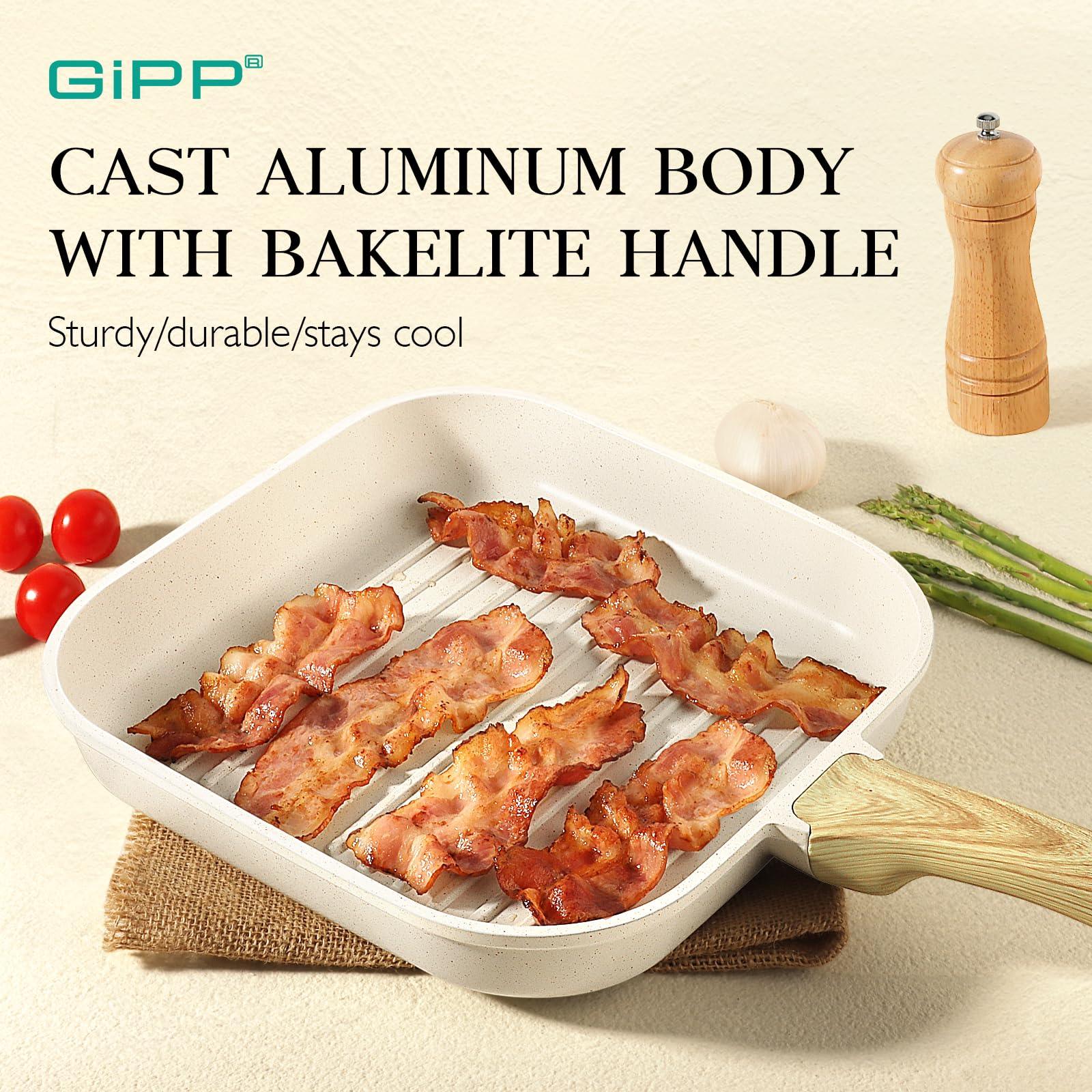 GiPP Nonstick Grill Pan for Stove Tops - 11 Inch Square Grilling Pan for Indoor Cooking & Outdoor Grilling, Non Stick Granite Grill Skillet Steak Pan, PFOA Free, Grey - GiPP Kitchenware