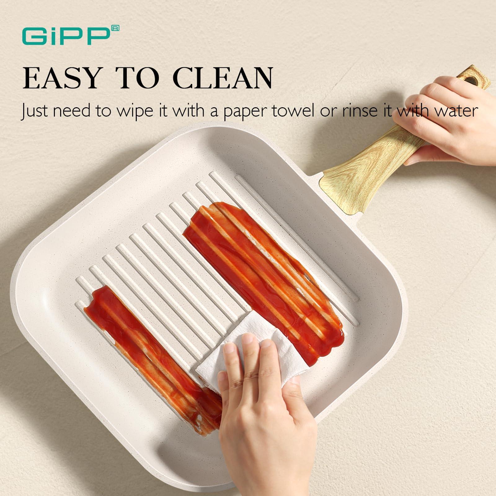 GiPP Nonstick Grill Pan for Stove Tops - 11 Inch Square Grilling Pan for Indoor Cooking & Outdoor Grilling, Non Stick Granite Grill Skillet Steak Pan, PFOA Free, Grey - GiPP Kitchenware