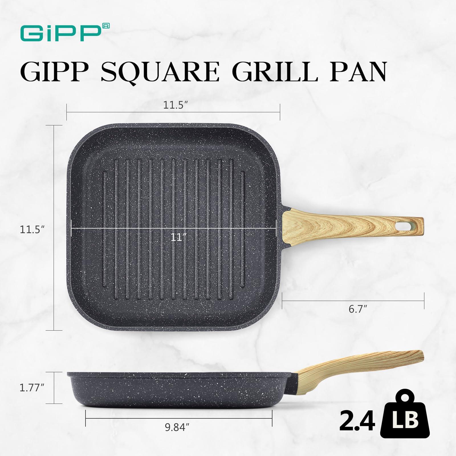 GiPP Nonstick Grill Pan for Stove Tops - 11 Inch Square Grilling Pan for Indoor Cooking & Outdoor Grilling, Non Stick Granite Grill Skillet Steak Pan, PFOA Free, Grey - GiPP Kitchenware