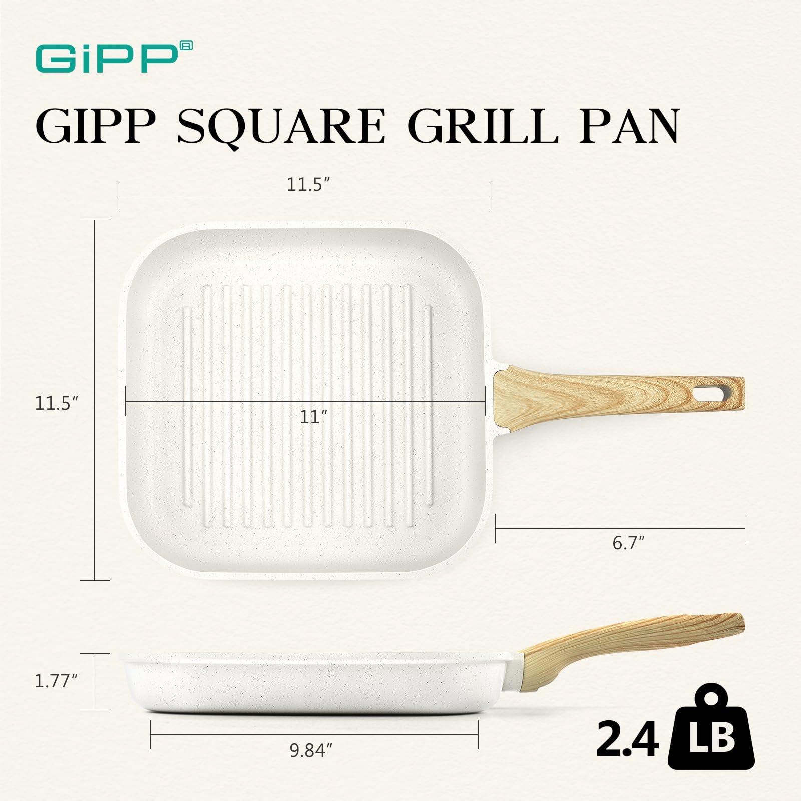 GiPP Nonstick Grill Pan for Stove Tops - 11 Inch Square Grilling Pan for Indoor Cooking & Outdoor Grilling, Non Stick Granite Grill Skillet Steak Pan, PFOA Free, Grey - GiPP Kitchenware