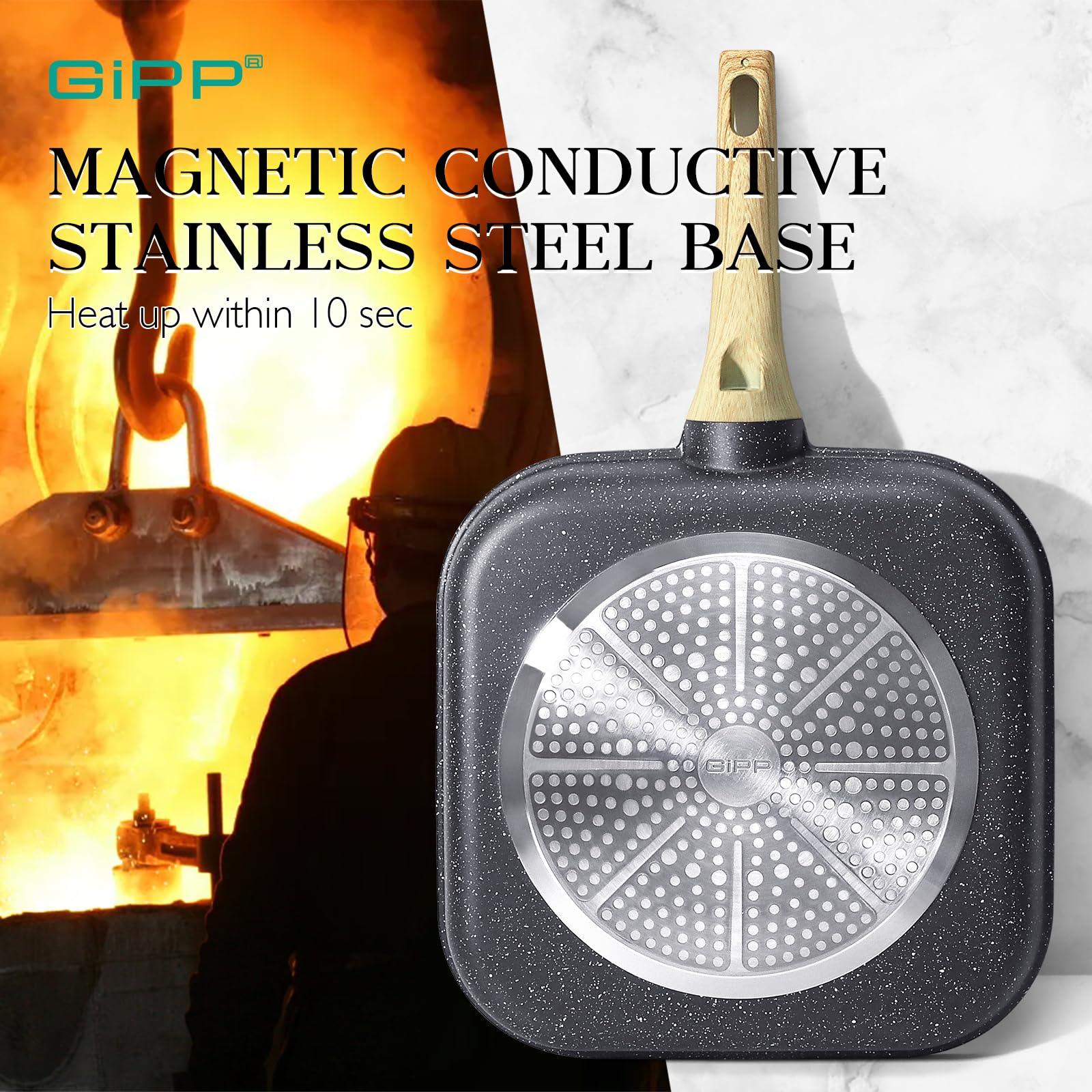 GiPP Nonstick Grill Pan for Stove Tops - 11 Inch Square Grilling Pan for Indoor Cooking & Outdoor Grilling, Non Stick Granite Grill Skillet Steak Pan, PFOA Free, Grey - GiPP Kitchenware