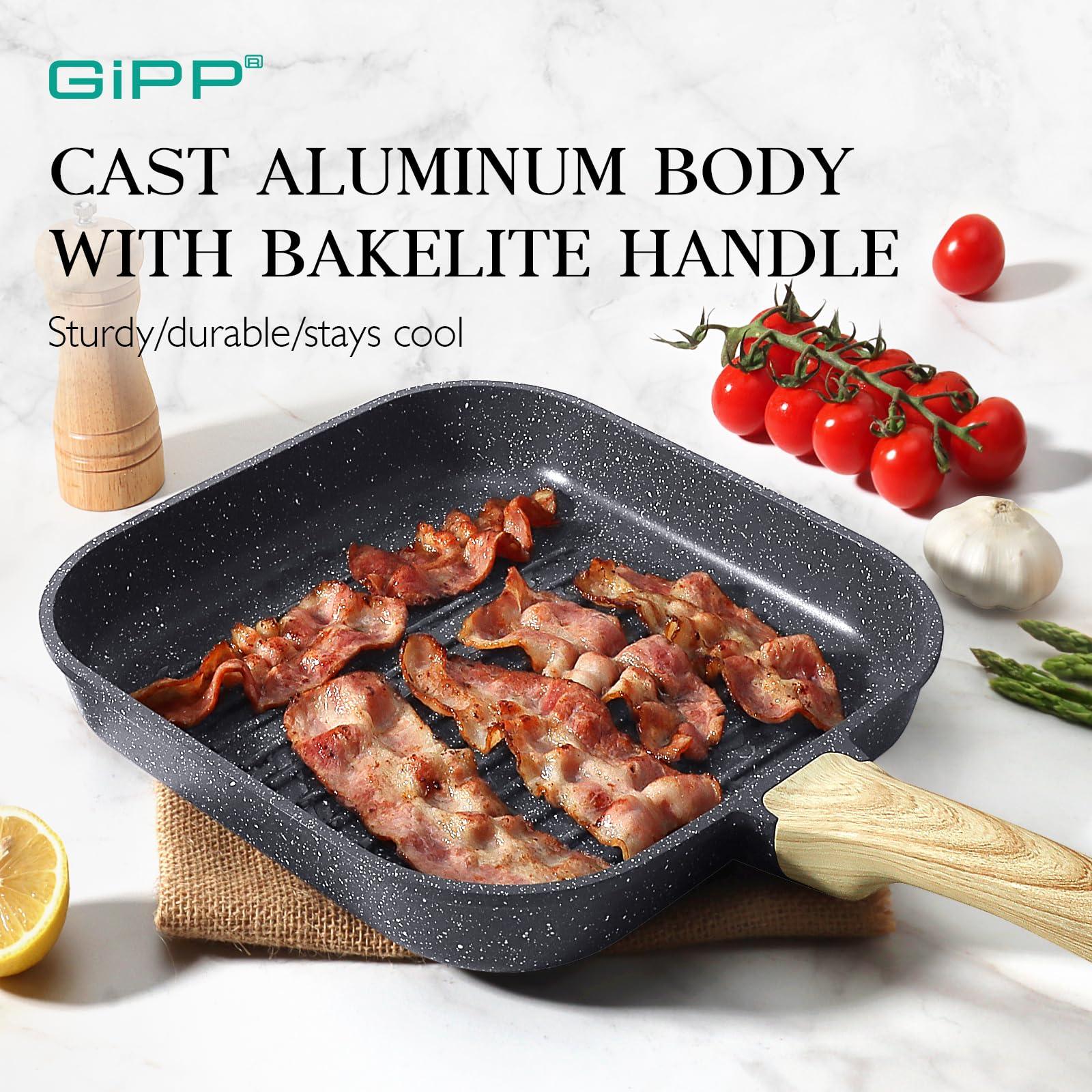 GiPP Nonstick Grill Pan for Stove Tops - 11 Inch Square Grilling Pan for Indoor Cooking & Outdoor Grilling, Non Stick Granite Grill Skillet Steak Pan, PFOA Free, Grey - GiPP Kitchenware