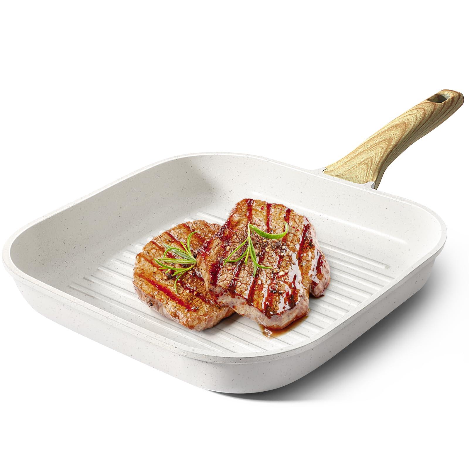 GiPP Nonstick Grill Pan for Stove Tops - 11 Inch Square Grilling Pan for Indoor Cooking & Outdoor Grilling, Non Stick Granite Grill Skillet Steak Pan, PFOA Free, Grey - GiPP Kitchenware