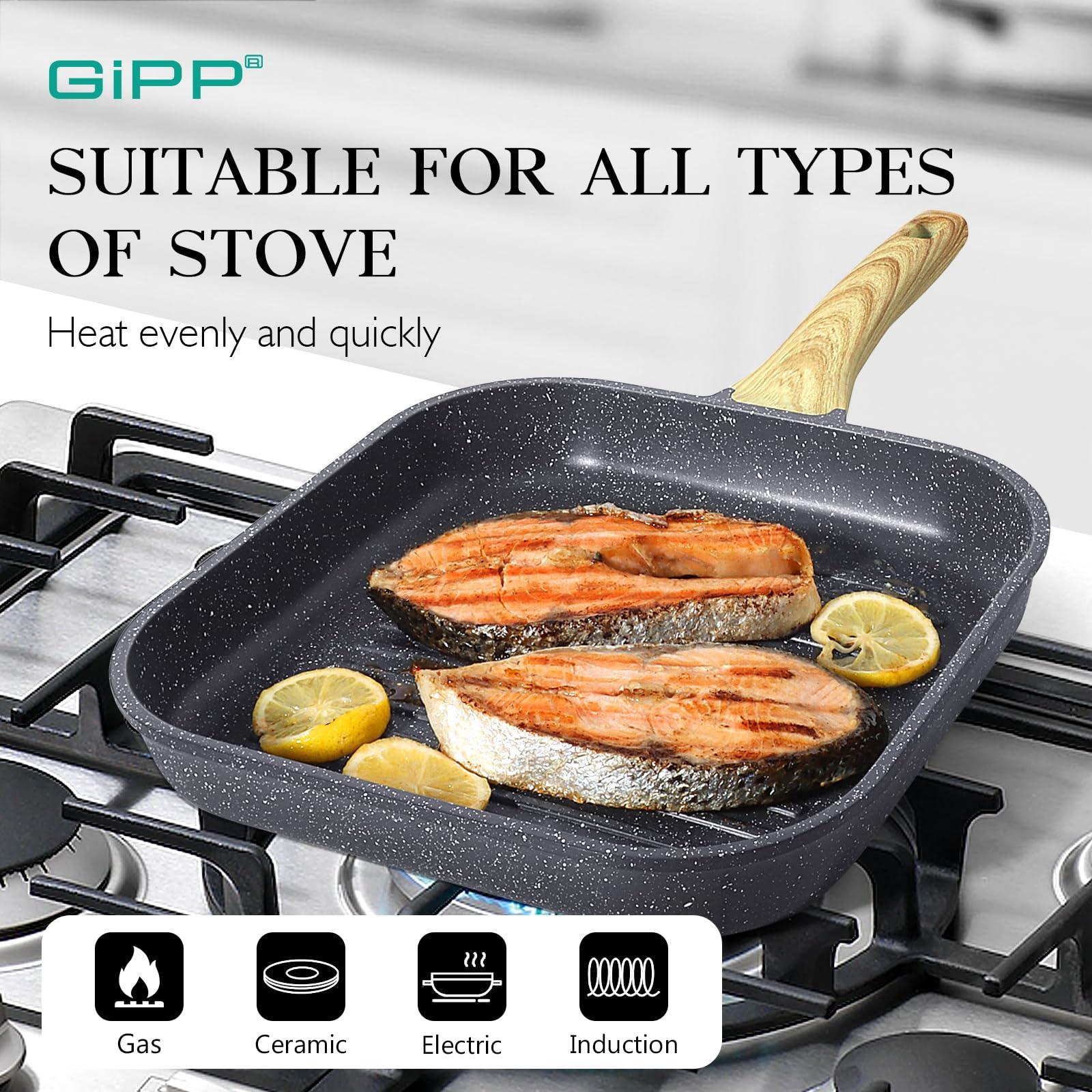 GiPP Nonstick Grill Pan for Stove Tops - 11 Inch Square Grilling Pan for Indoor Cooking & Outdoor Grilling, Non Stick Granite Grill Skillet Steak Pan, PFOA Free, Grey - GiPP Kitchenware