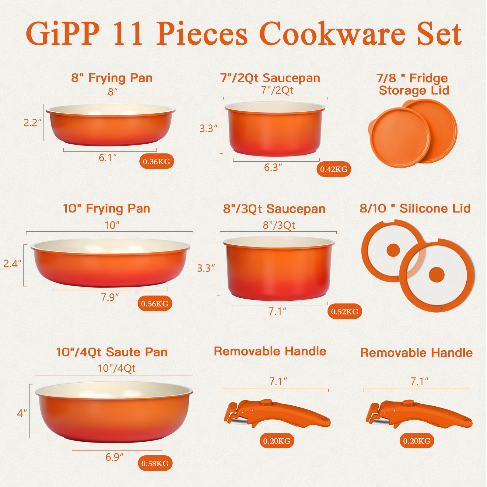 GIPP 11pcs Ceramic Cookware Sets, Pots and Pans Set Non Stick with Removable Handle, Oven & Dishwasher Safe,Induction Cookware, Kitchen Cooking Set for RV Trips and Camping
