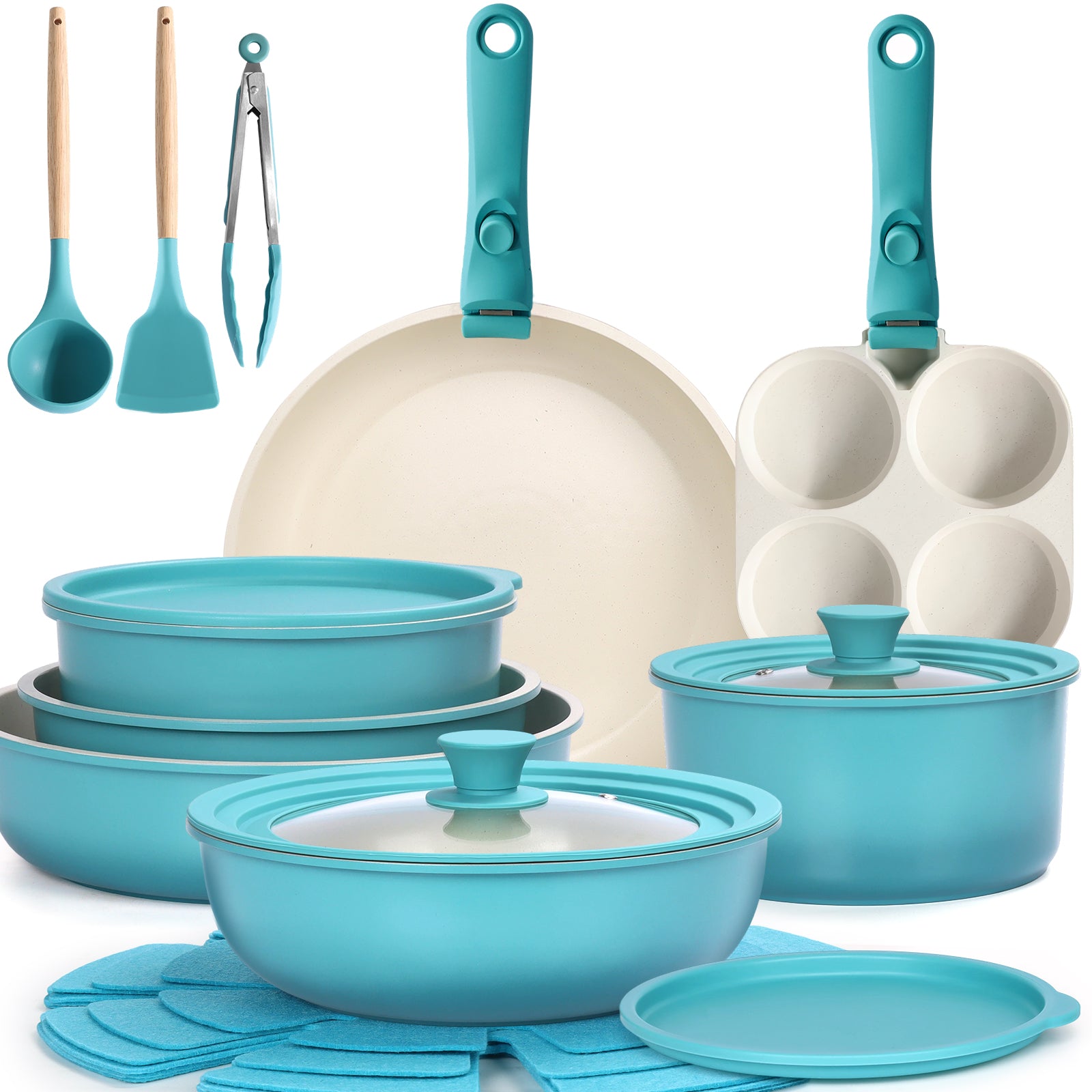 GIPP Large Size 21 Piece Pots and Pans Set Non Stick,with 12 inch Frying Pan,Cookware Set with Detachable Handles, Safe for Ovens and Dishwashers,Induction Cookware