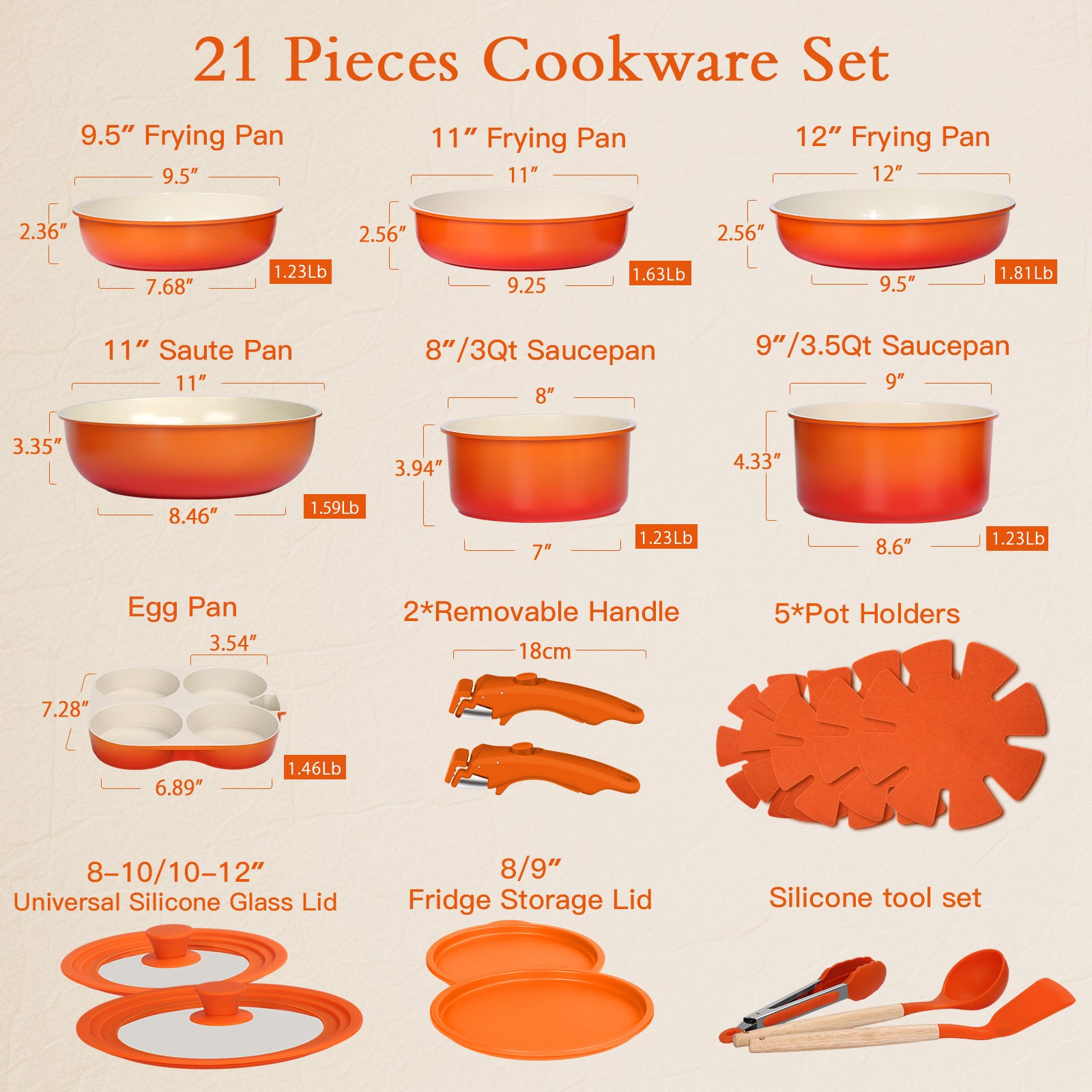 GIPP Large Size 21 Piece Pots and Pans Set Non Stick,with 12 inch Frying Pan,Cookware Set with Detachable Handles, Safe for Ovens and Dishwashers,Induction Cookware