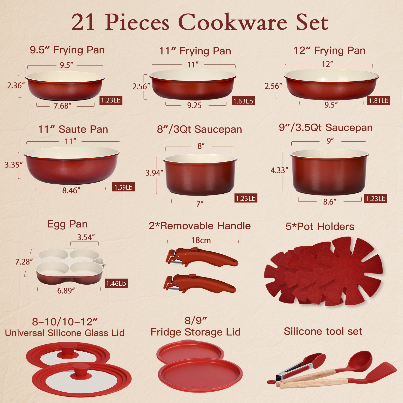 GIPP Large Size 21 Piece Pots and Pans Set Non Stick,with 12 inch Frying Pan,Cookware Set with Detachable Handles, Safe for Ovens and Dishwashers,Induction Cookware