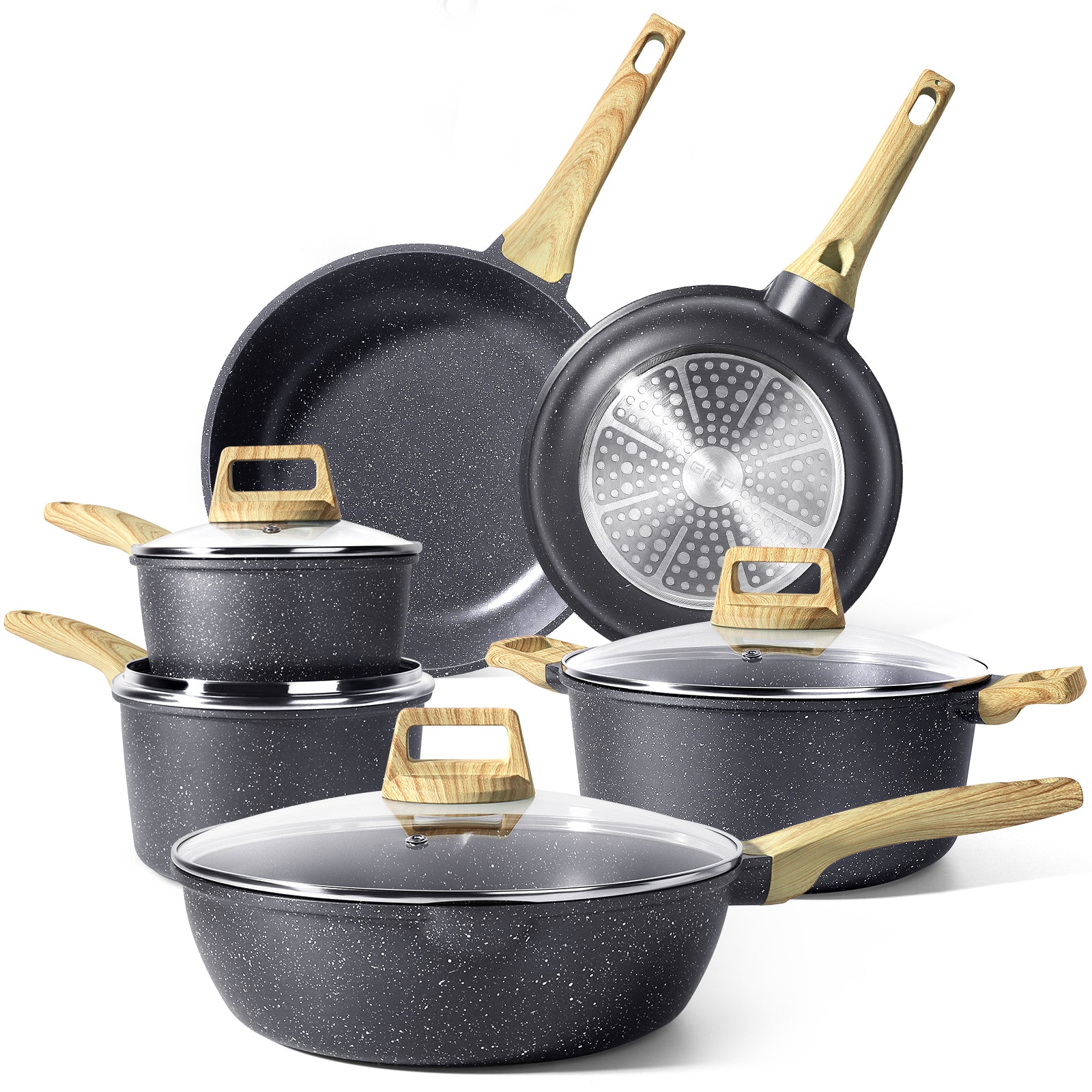 GiPP 10Pcs Nonstick White Granite Pots and Pans Set, PFOS-Free