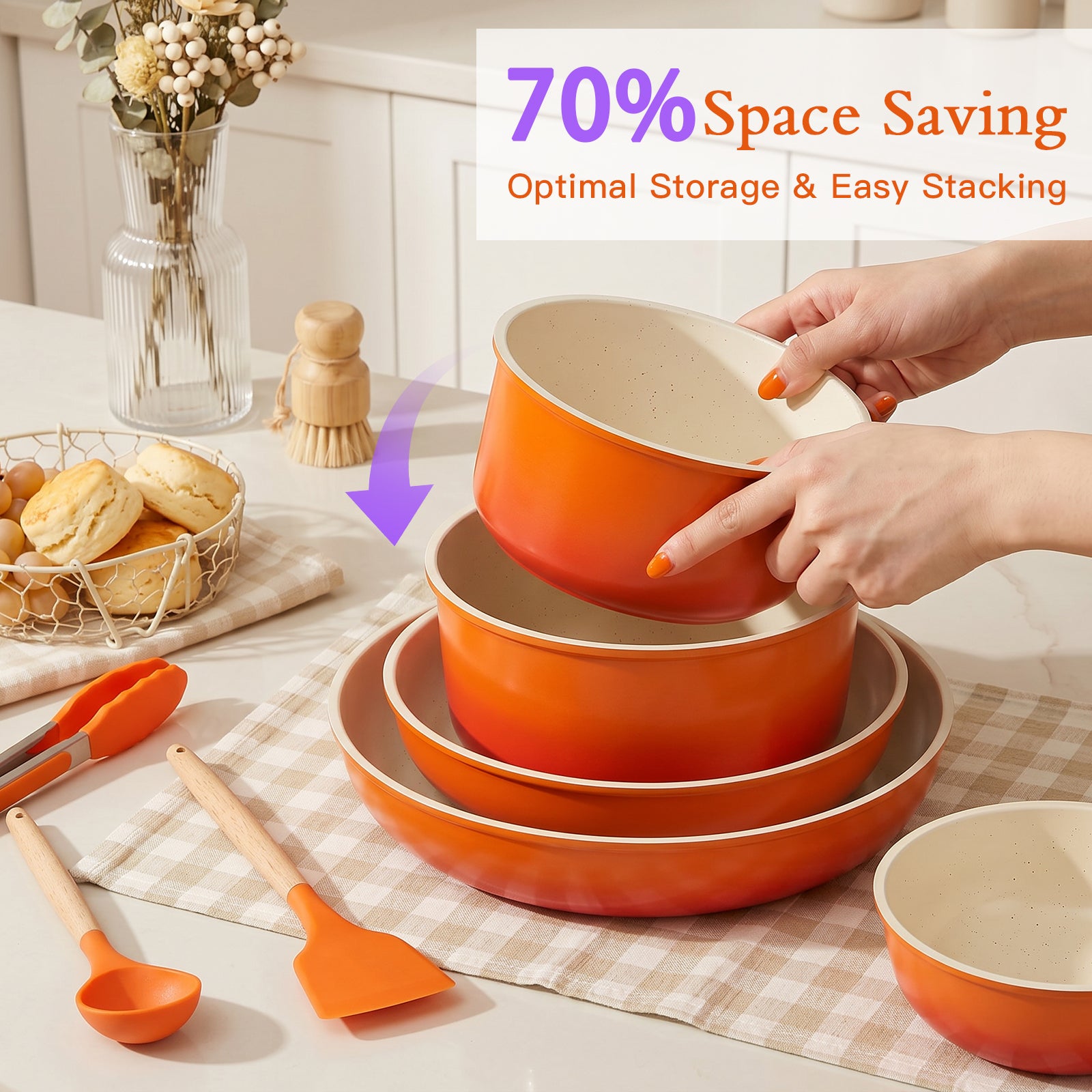 GIPP Large Size 21 Piece Pots and Pans Set Non Stick,with 12 inch Frying Pan,Cookware Set with Detachable Handles, Safe for Ovens and Dishwashers,Induction Cookware