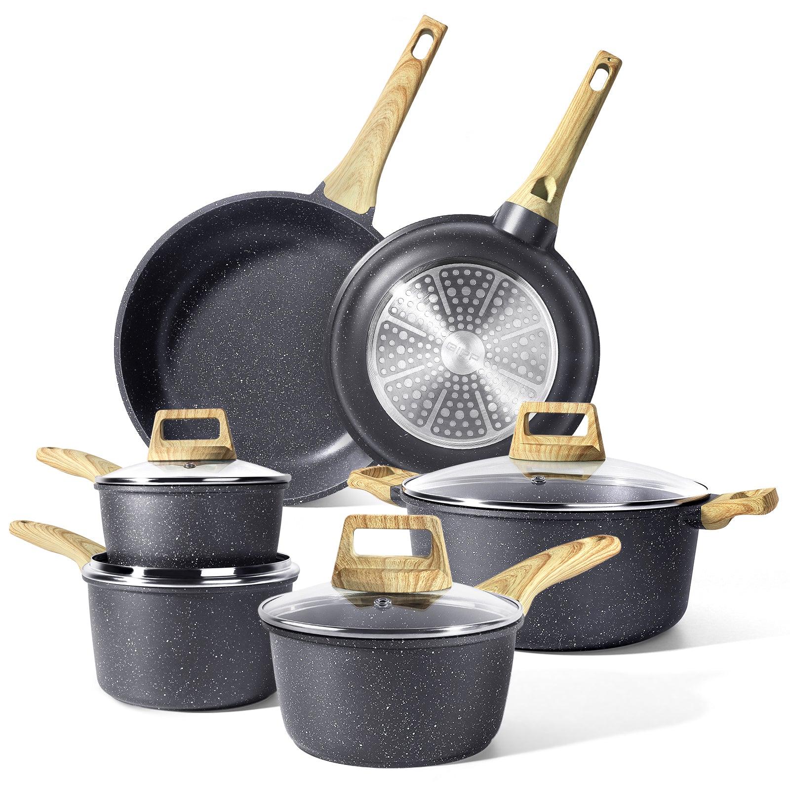 GiPP 10Pcs Nonstick White Granite Pots and Pans Set, PFOS-Free