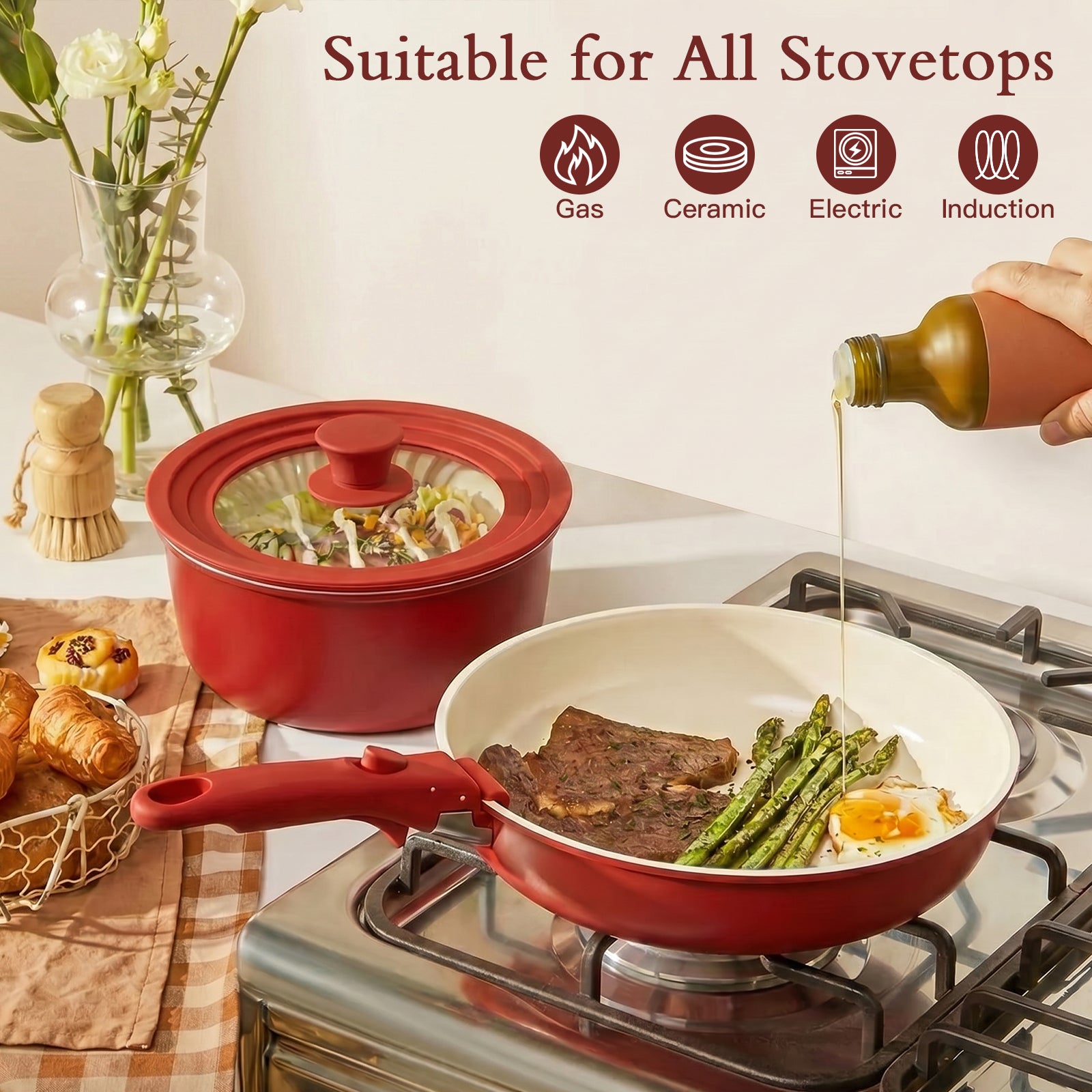 GIPP Large Size 21 Piece Pots and Pans Set Non Stick,with 12 inch Frying Pan,Cookware Set with Detachable Handles, Safe for Ovens and Dishwashers,Induction Cookware