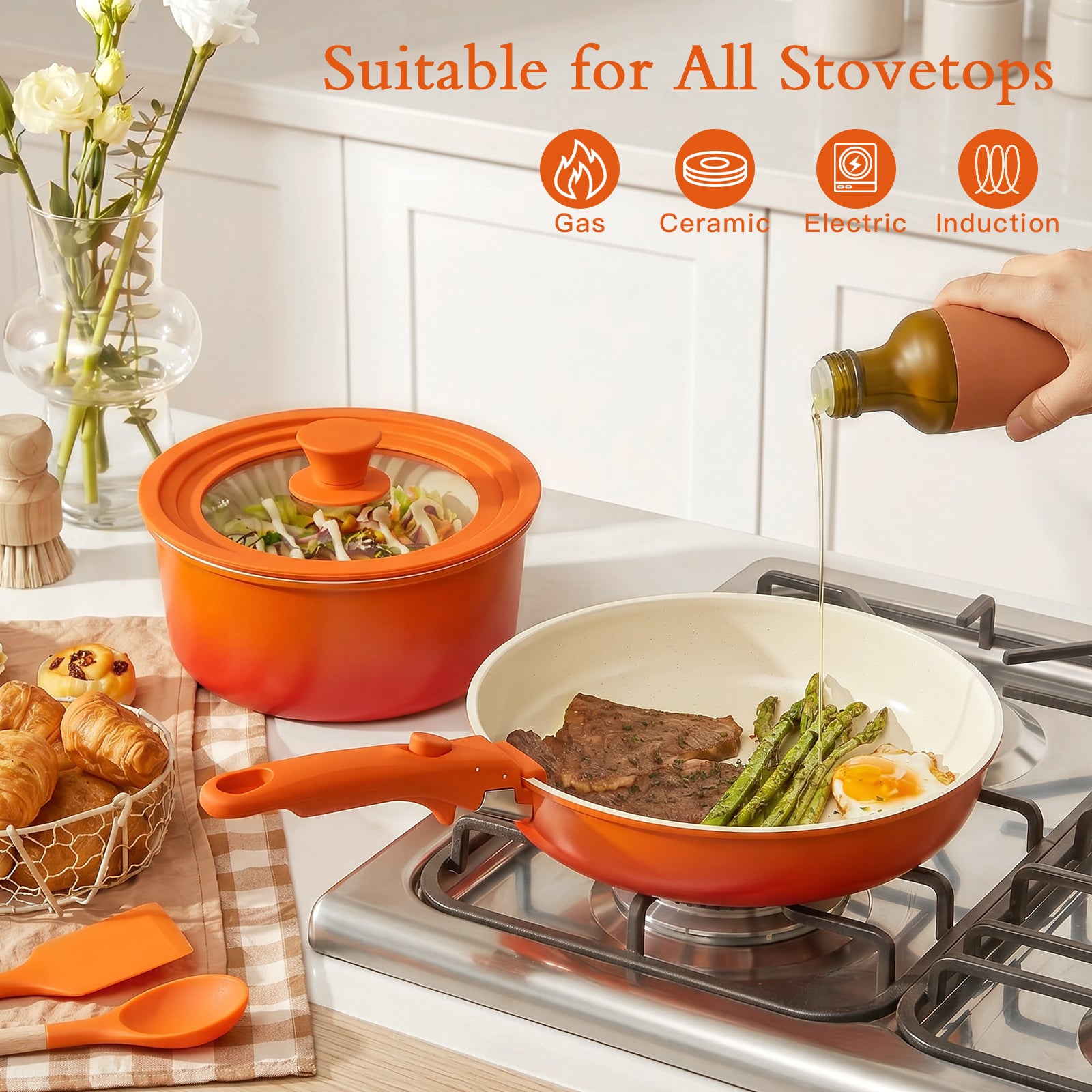 GIPP Large Size 21 Piece Pots and Pans Set Non Stick,with 12 inch Frying Pan,Cookware Set with Detachable Handles, Safe for Ovens and Dishwashers,Induction Cookware