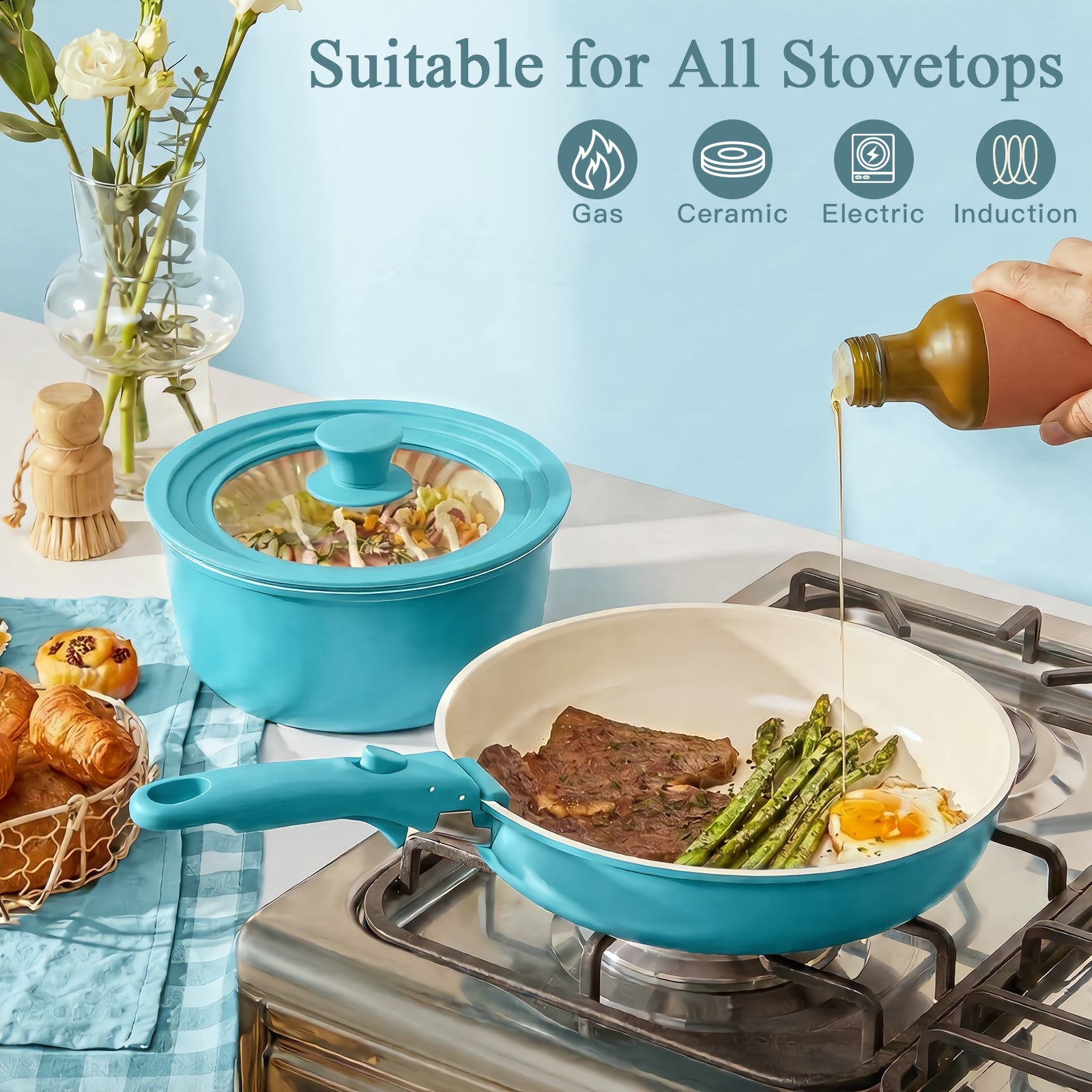 GIPP 21 Piece Pots and Pans Set Non Stick, Cookware Set with Detachable Handles, Safe for Ovens and Dishwashers,Induction Cookware