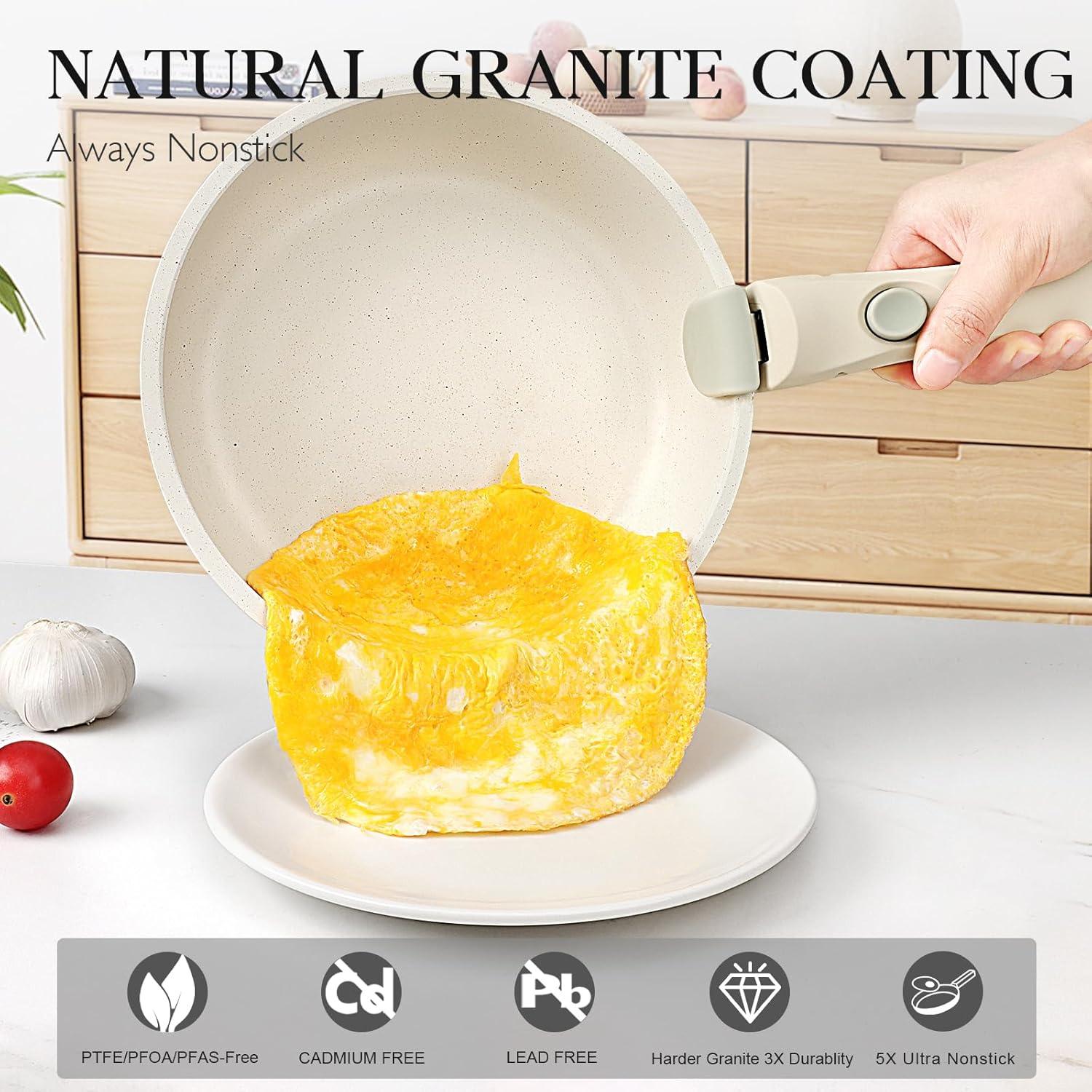 GiPP 5pcs Detachable Handle Pots and Pan Set, Nonstick Induction Cookware, Removable Handle, RV Oven Safe Cookware, Cream White - GiPP Kitchenware