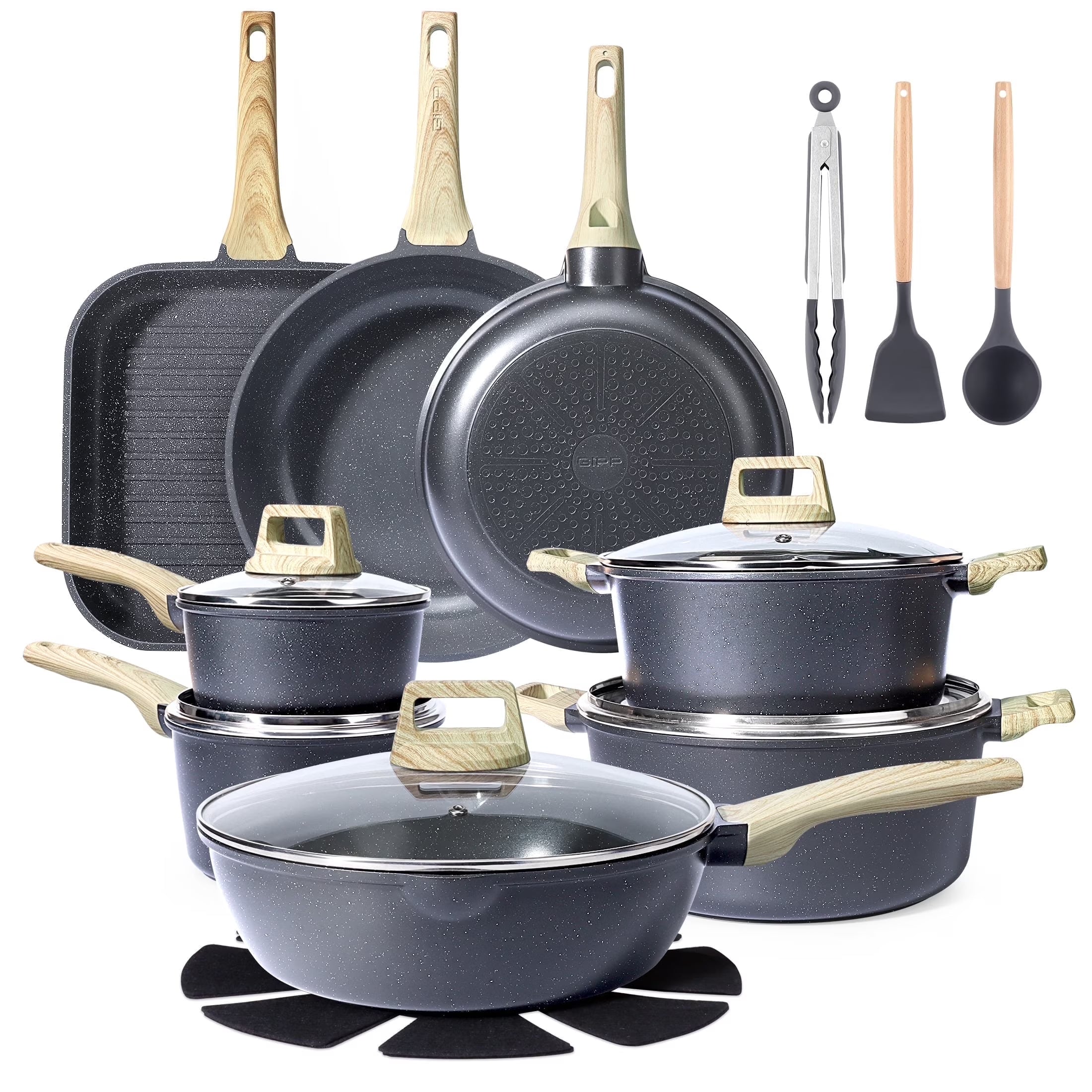 GiPP 22pcs Kitchen Cookware Sets, Ceramic Nonstick Pots and Pans Set,Dishwasher Safe Induction Cookware
