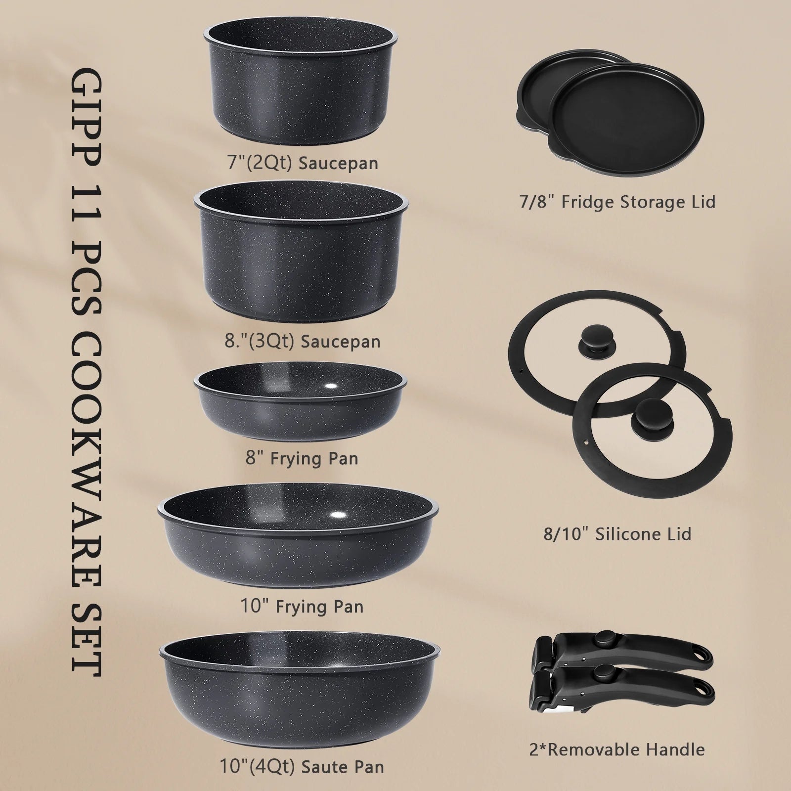 Gipp 11 Pcs Ceramic Nonstick Cookware Sets,Pots and Pans Set Non Stick with Removable Handle, Oven Safe to 500°F, Induction Cookware, Stackable RV Kitchen Cooking Set