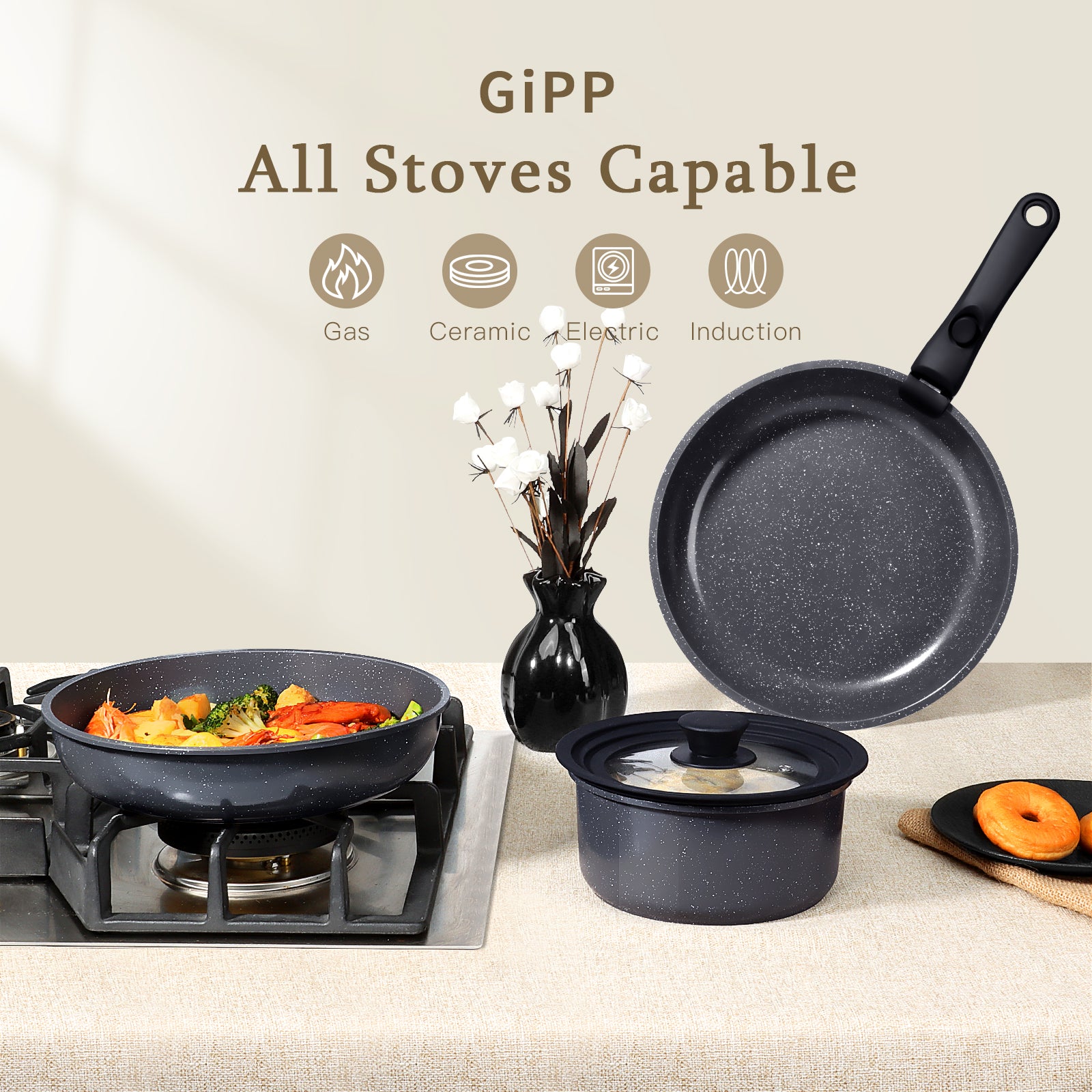 GIPP 17 Piece Large Size 11inch Ceramic Nonstick Pots and Pans Set,Cookware Set with Detachable Handles, Oven Dishwashers Safe,Induction Compatible,RV Kitchen Cooking Set