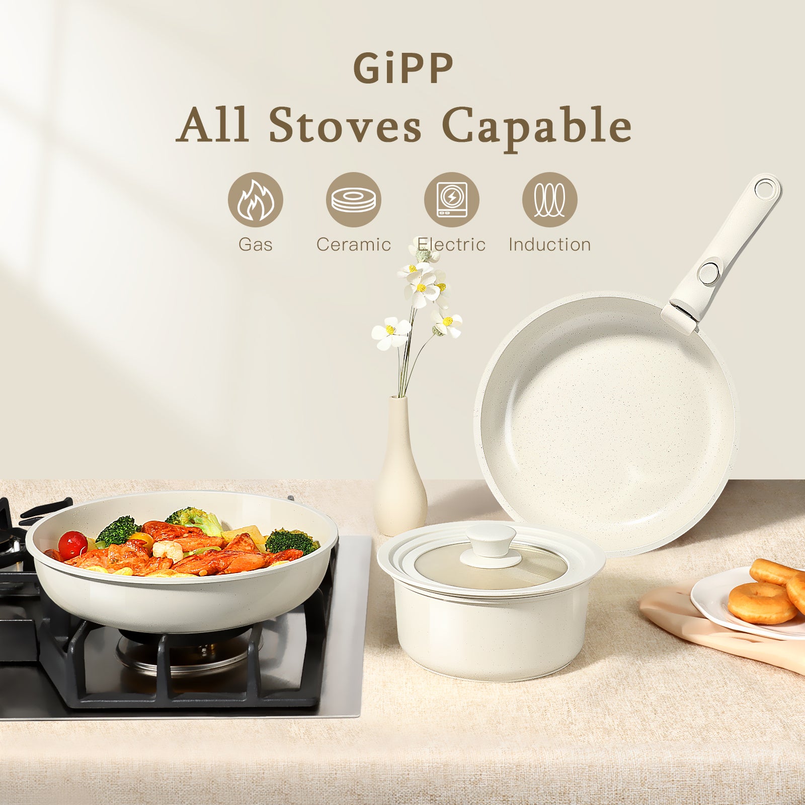 GIPP 17 Piece Ceramic Nonstick Pots and Pans Set,Cookware Set with Detachable Handles, Oven Dishwashers Safe,Induction Compatible,RV Kitchen Cooking Set