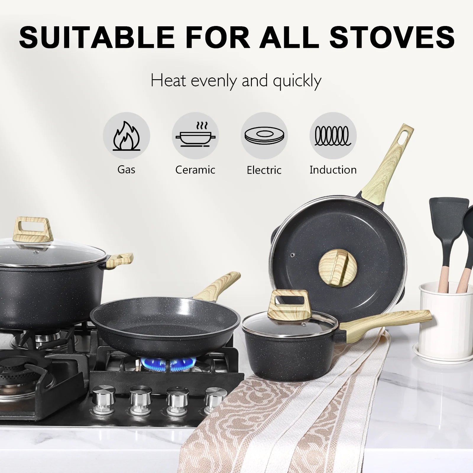 GiPP 22pcs Kitchen Cookware Sets, Ceramic Nonstick Pots and Pans Set,Dishwasher Safe Induction Cookware