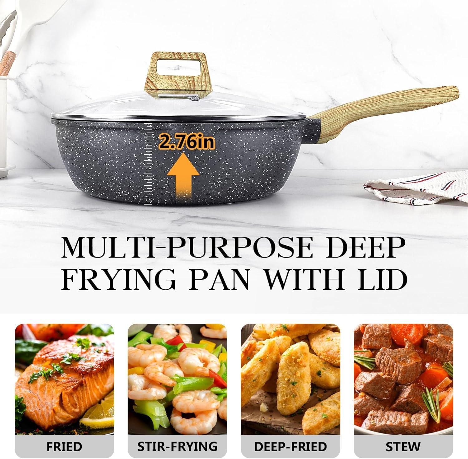 GiPP Nonstick Deep Frying Pan - 11 Inch Saute Pan with Lid Granite Induction Cookware, 4.5Qt Non Stick Woking Pan Skillet, PFOA PFOS APEO Free, Grey - GiPP Kitchenware