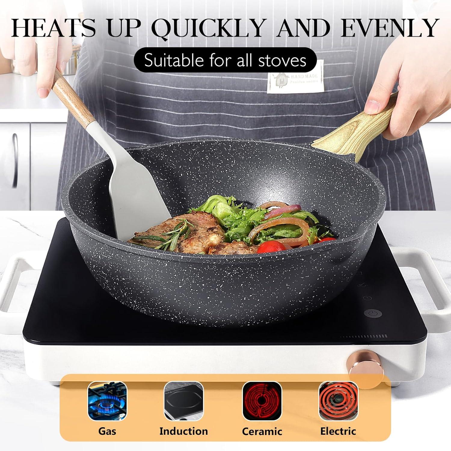 GiPP Nonstick Deep Frying Pan Skillet, 9.5" Saute Pan with Lid, Granite Induction Cookware Non Stick Cooking Pan, PFOA PFOS APEO Free, White - GiPP Kitchenware