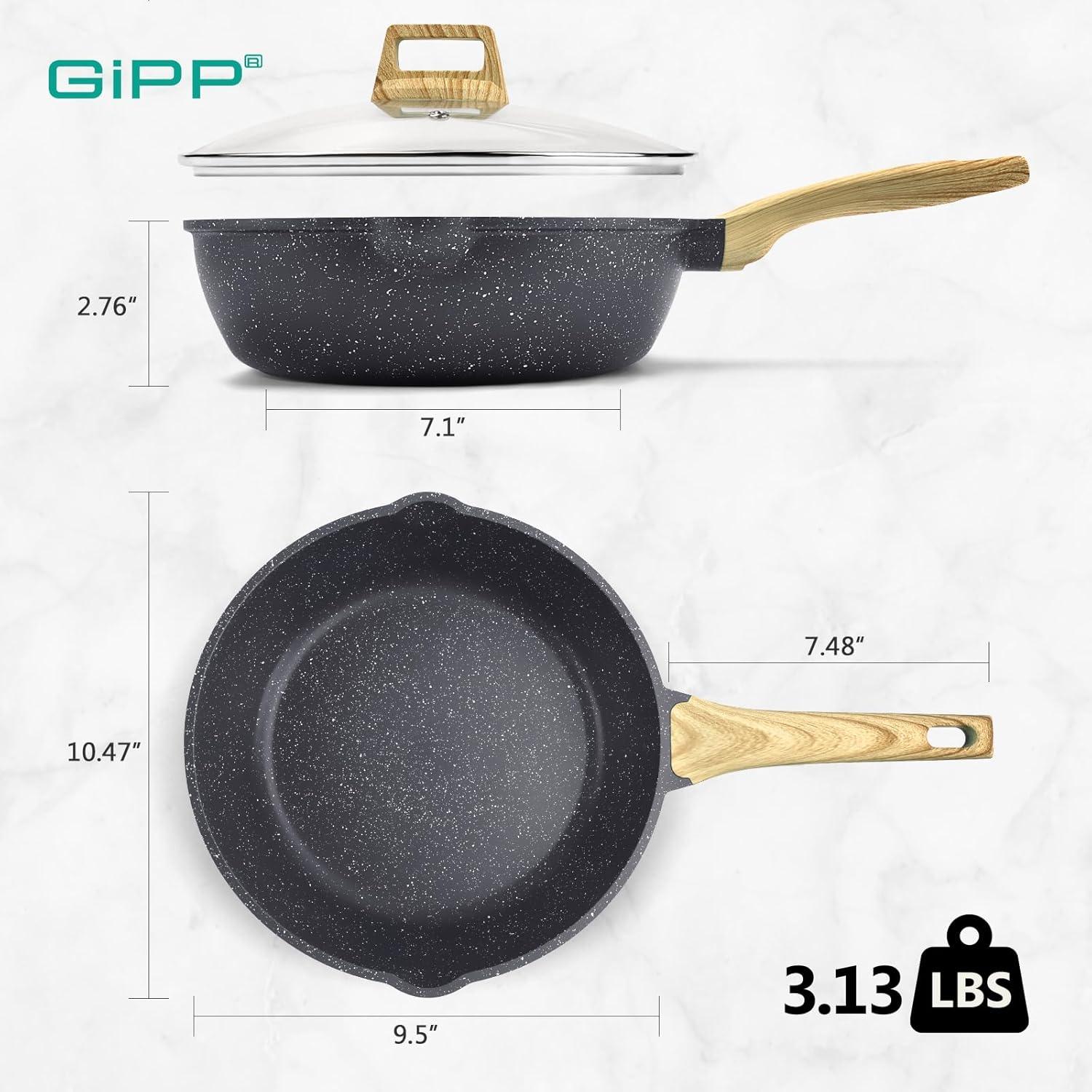 GiPP Nonstick Deep Frying Pan - 11 Inch Saute Pan with Lid Granite Induction Cookware, 4.5Qt Non Stick Woking Pan Skillet, PFOA PFOS APEO Free, Grey - GiPP Kitchenware