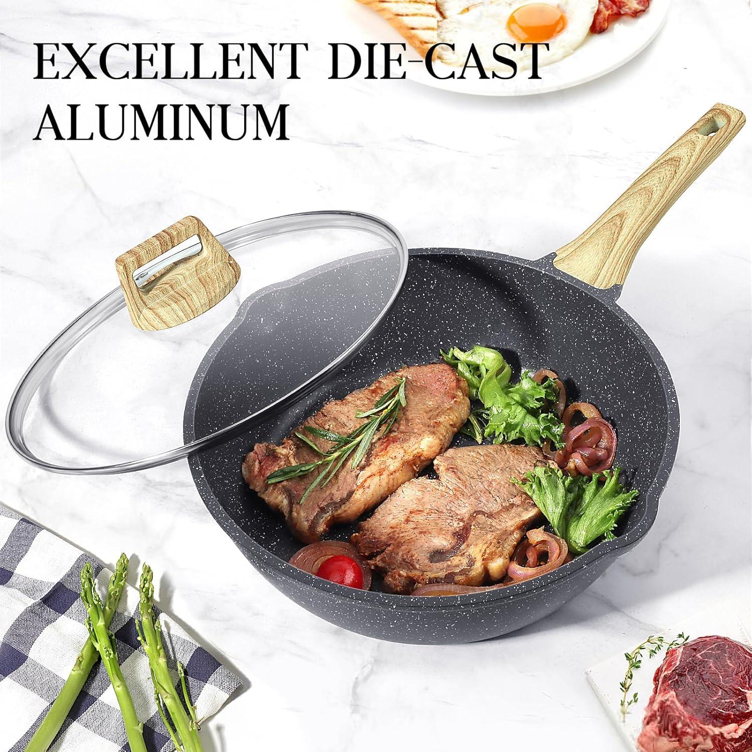 GiPP Nonstick Deep Frying Pan - 11 Inch Saute Pan with Lid Granite Induction Cookware, 4.5Qt Non Stick Woking Pan Skillet, PFOA PFOS APEO Free, Grey - GiPP Kitchenware