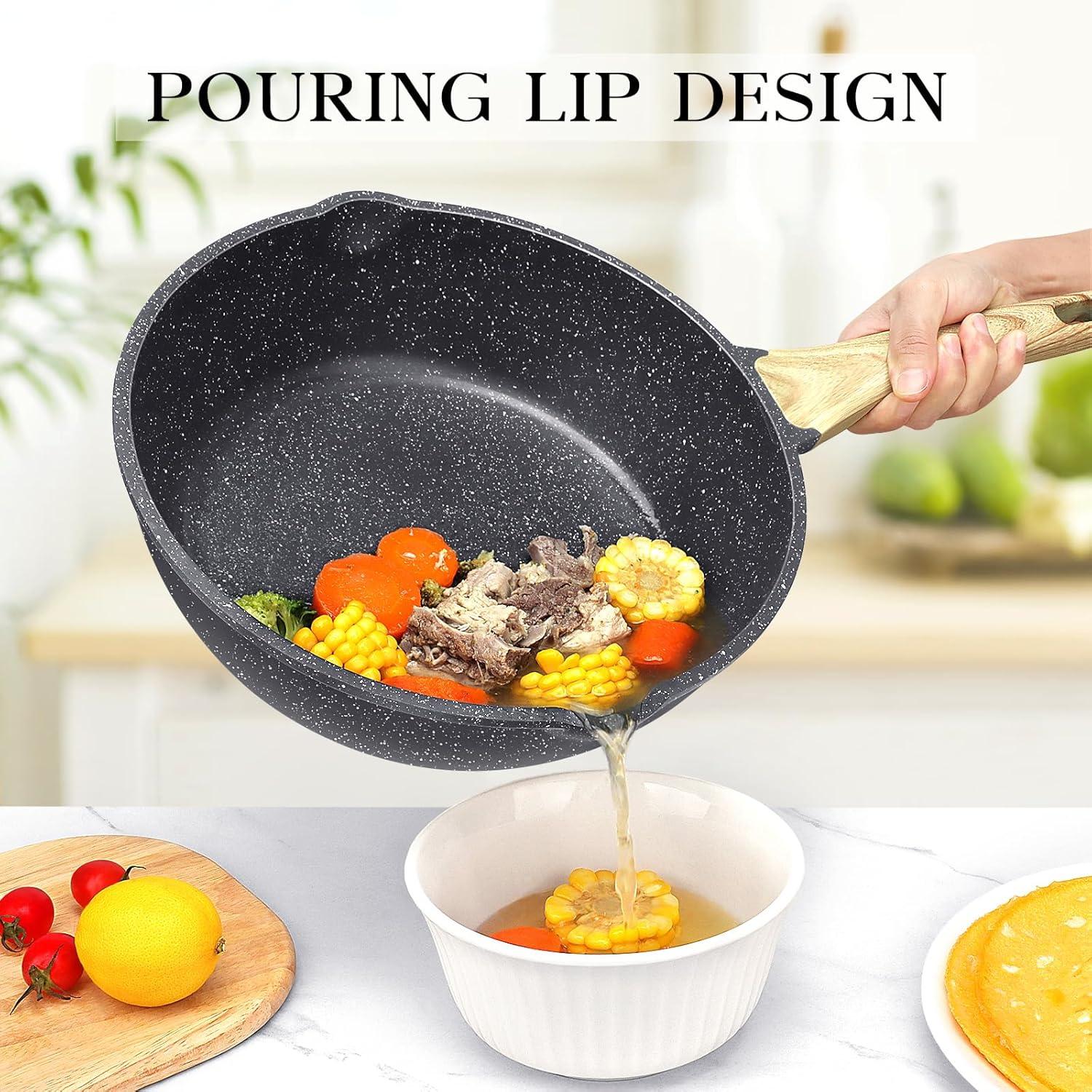 GiPP Nonstick Deep Frying Pan Skillet, 9.5" Saute Pan with Lid, Granite Induction Cookware Non Stick Cooking Pan, PFOA PFOS APEO Free, White - GiPP Kitchenware