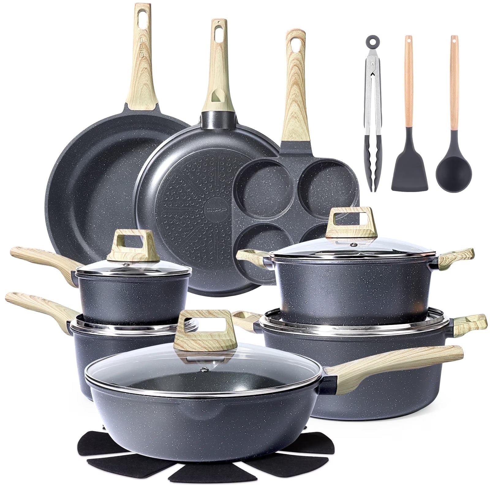 GiPP 22pcs Kitchen Cookware Sets, Ceramic Nonstick Pots and Pans Set,Dishwasher Safe Induction Cookware