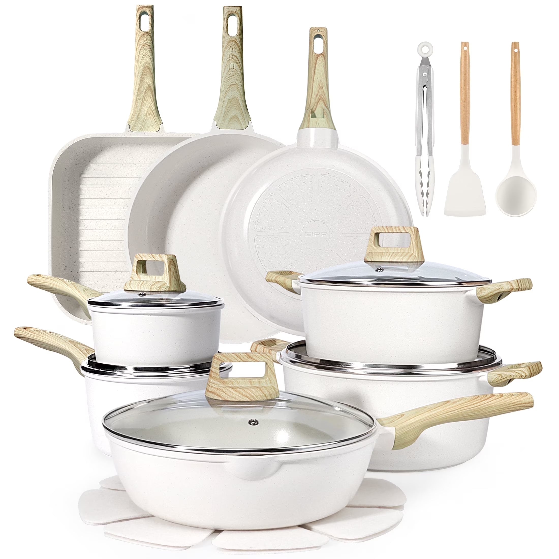 GiPP 22pcs Kitchen Cookware Sets, Ceramic Nonstick Pots and Pans Set,Dishwasher Safe Induction Cookware