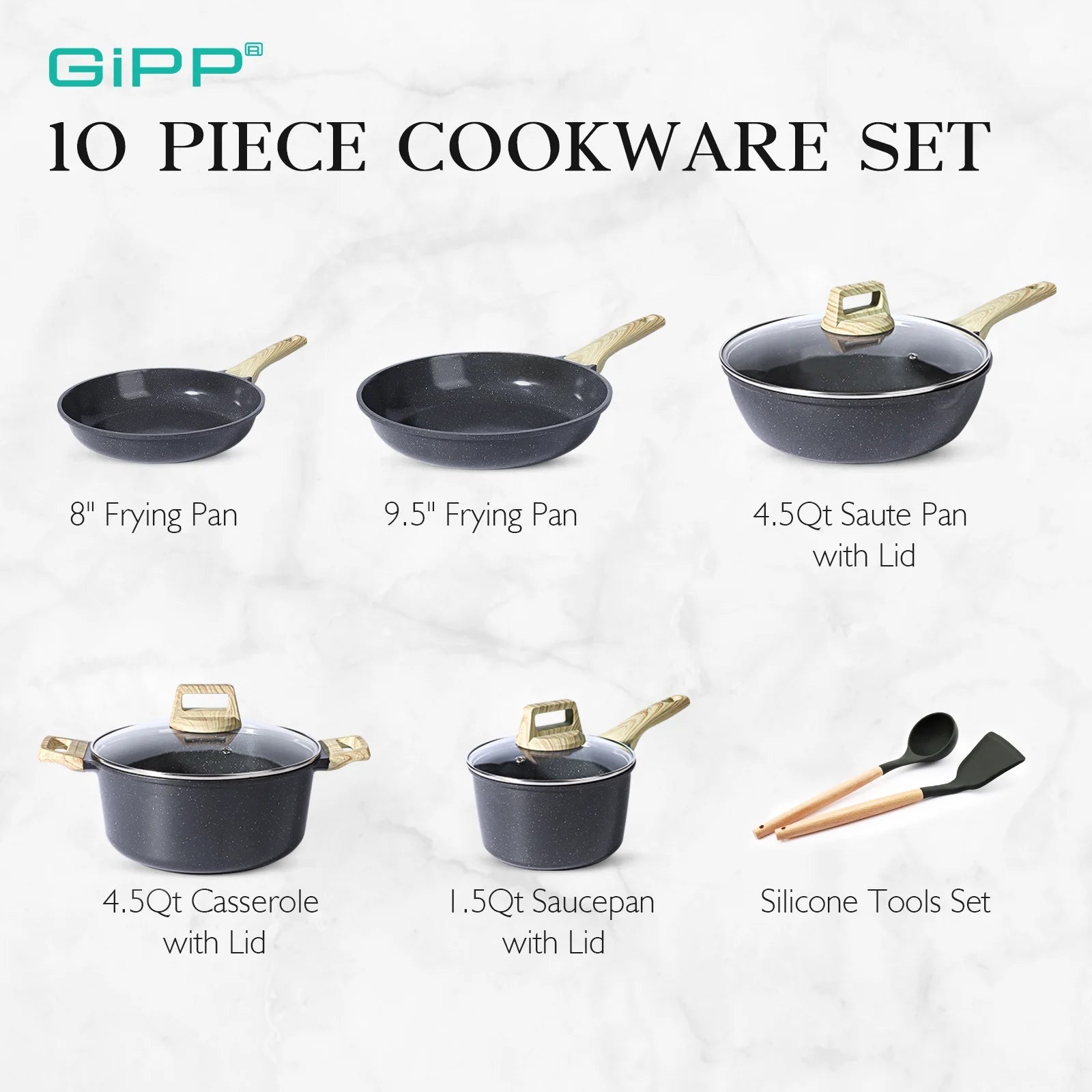 GIPP 10pcs Ceramic Coating Kitchen Cookware Sets,Pots and Pans Set Non stick,Dishwasher Safe Induction Cookware