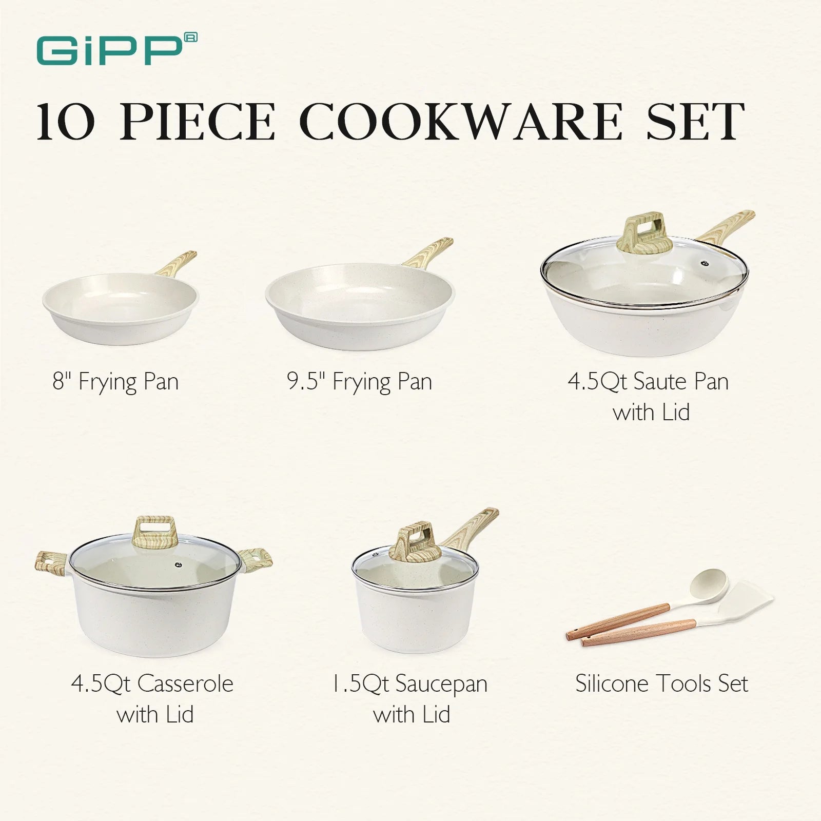 GIPP 10pcs Ceramic Coating Kitchen Cookware Sets,Pots and Pans Set Non stick,Dishwasher Safe Induction Cookware