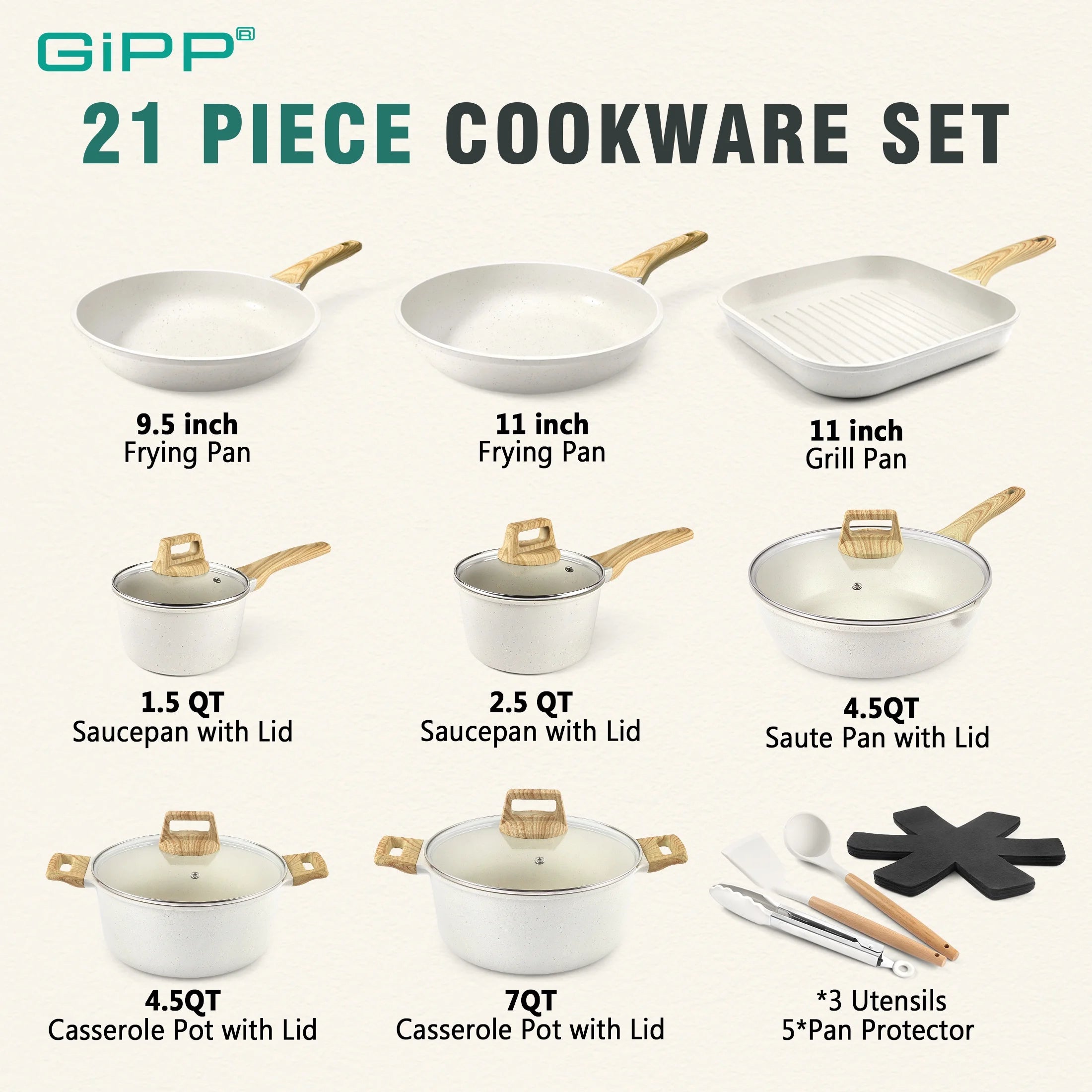 GiPP 22pcs Kitchen Cookware Sets, Ceramic Nonstick Pots and Pans Set,Dishwasher Safe Induction Cookware