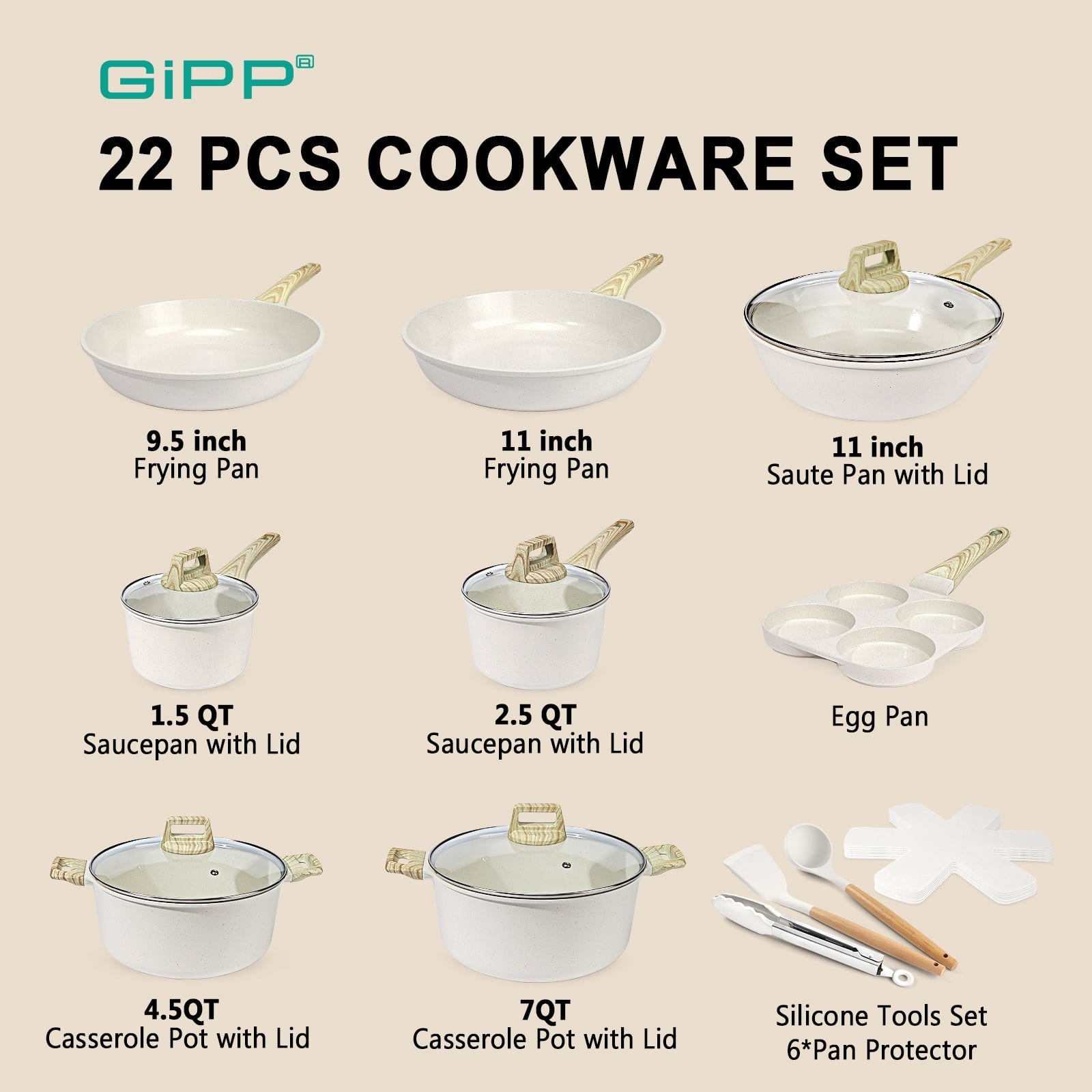 GiPP 22pcs Kitchen Cookware Sets, Ceramic Nonstick Pots and Pans Set,Dishwasher Safe Induction Cookware