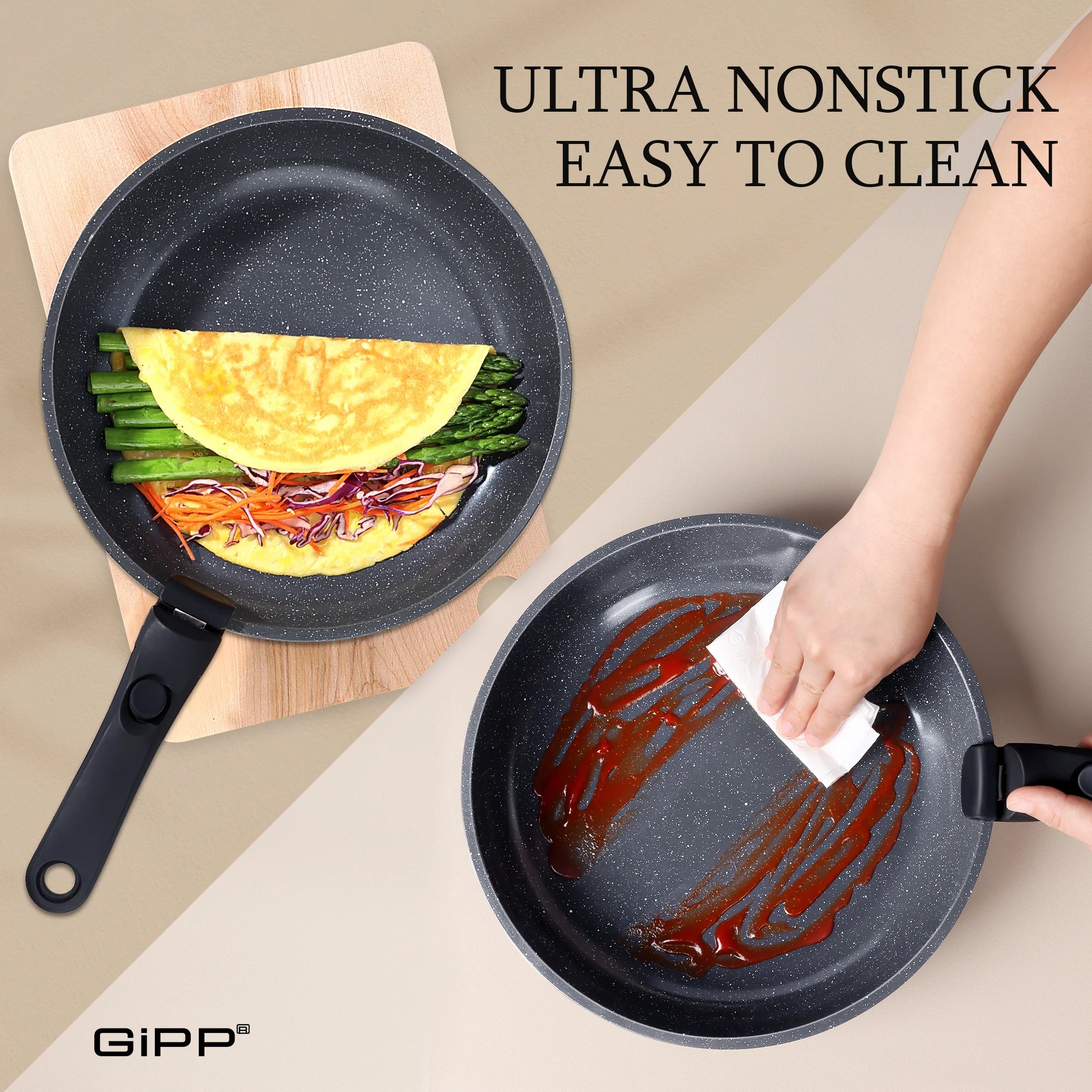 GIPP 3pcs Ceramic Non Stick Frying Pans Set,Skillet Non Stick With Removable Handle Oven & Dishwasher Safe,Induction Cookware