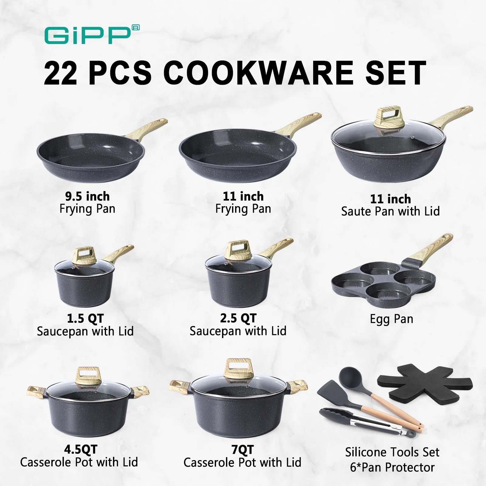 GiPP 22pcs Kitchen Cookware Sets, Ceramic Nonstick Pots and Pans Set,Dishwasher Safe Induction Cookware